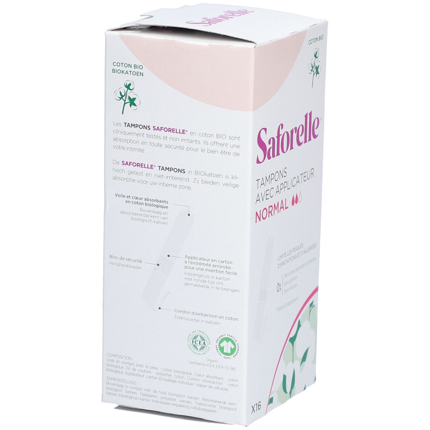 Verpackung von Saforelle Tampons mit Applikator Normal. Rückseite mit Text und Logo. Enthält 16 Stück. Coton Bio.