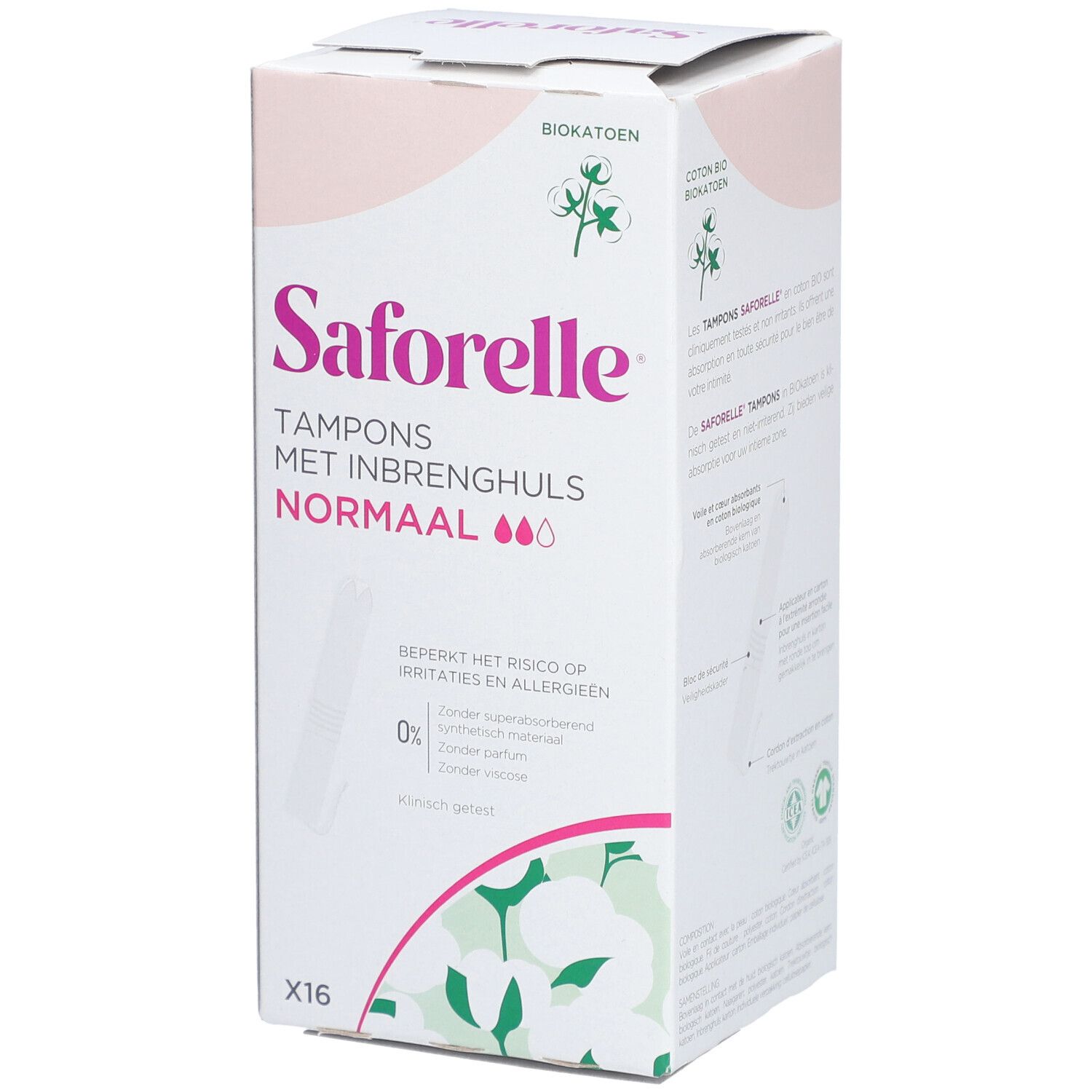 Verpackung von Saforelle Tampons mit Inbrenghuls Normal. Enthält 16 Stück. Aufschrift: Biokatoen. Rosa und weiße Farbgebung.