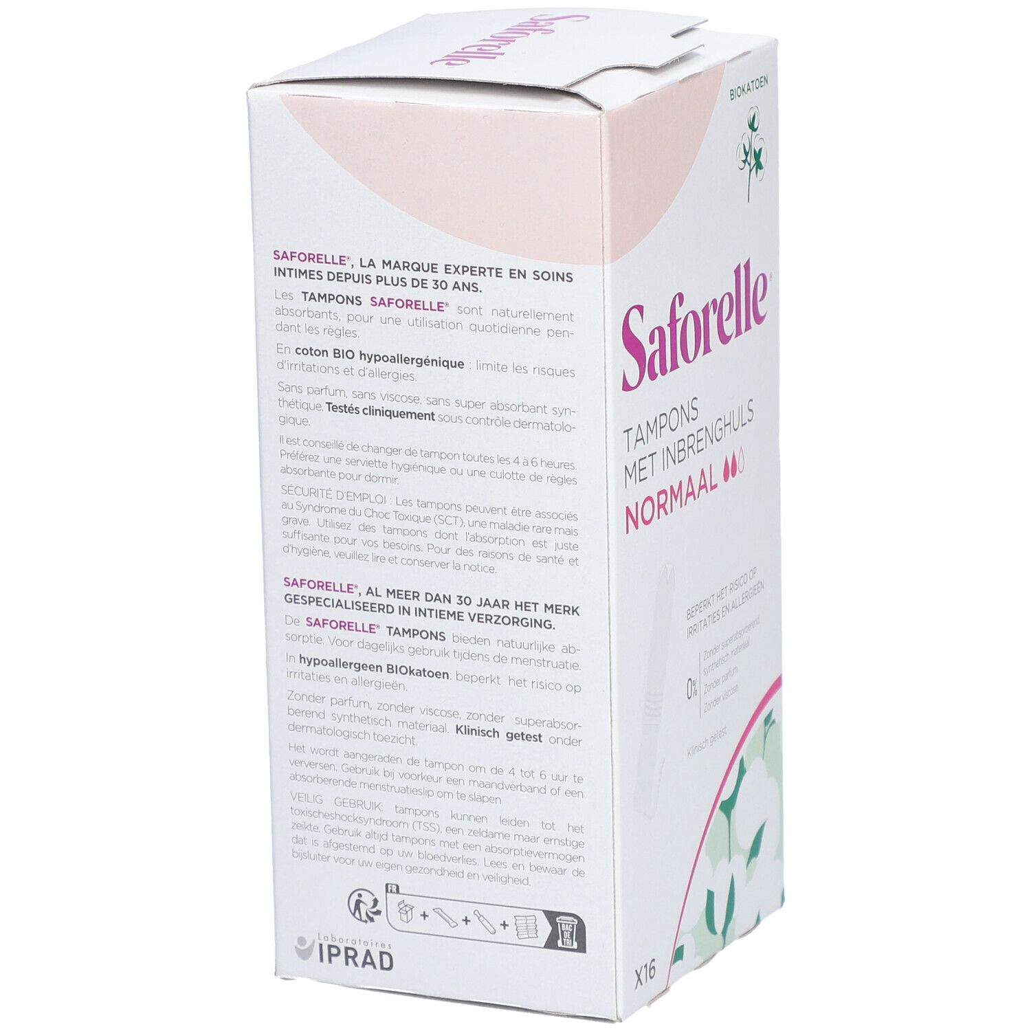 Verpackung von Saforelle Tampons mit Inbrenghuls Normal. Rückseite mit Text und Logo. Enthält 16 Stück. Biokatoen.