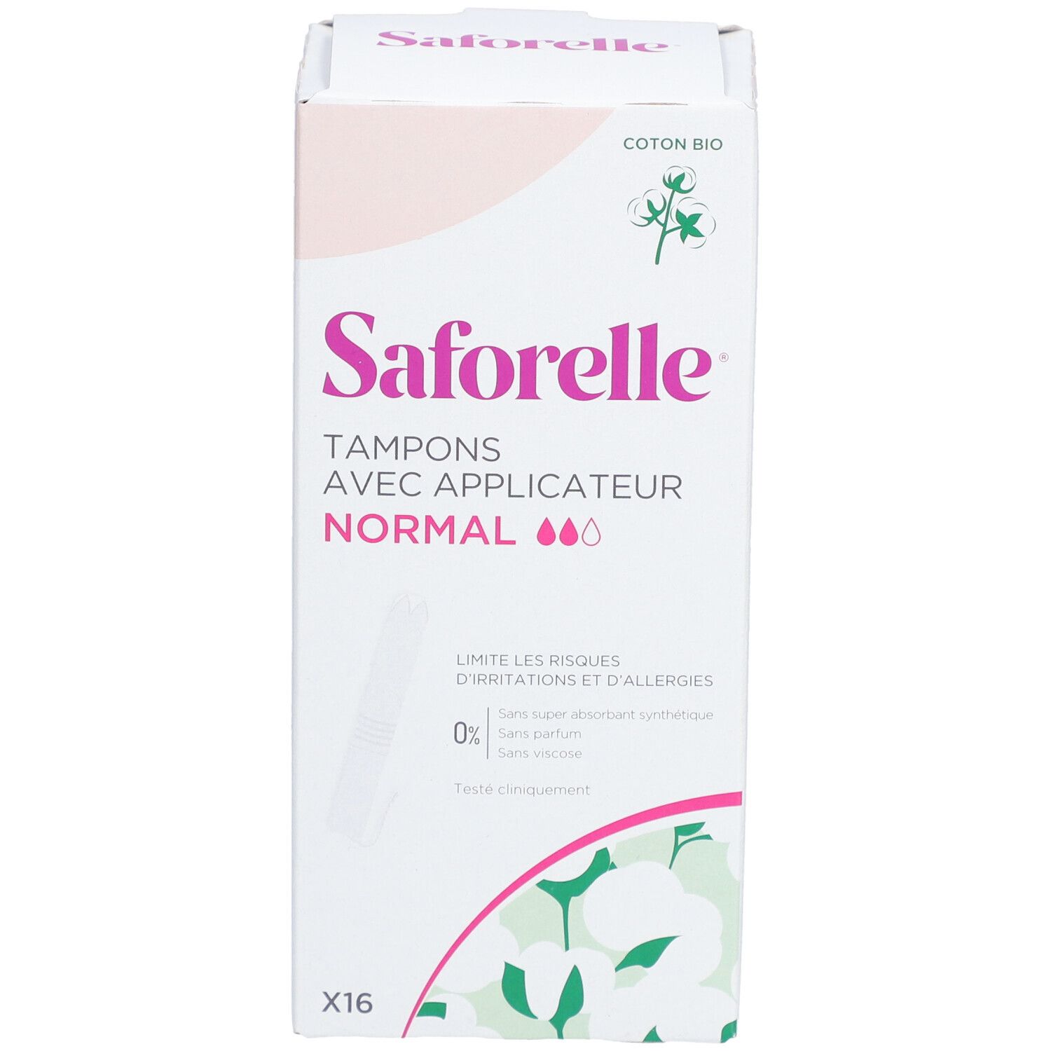 Verpackung von Saforelle Tampons mit Applikator Normal. Enthält 16 Stück. Aufschrift: Coton Bio. Rosa und weiße Farbgebung.