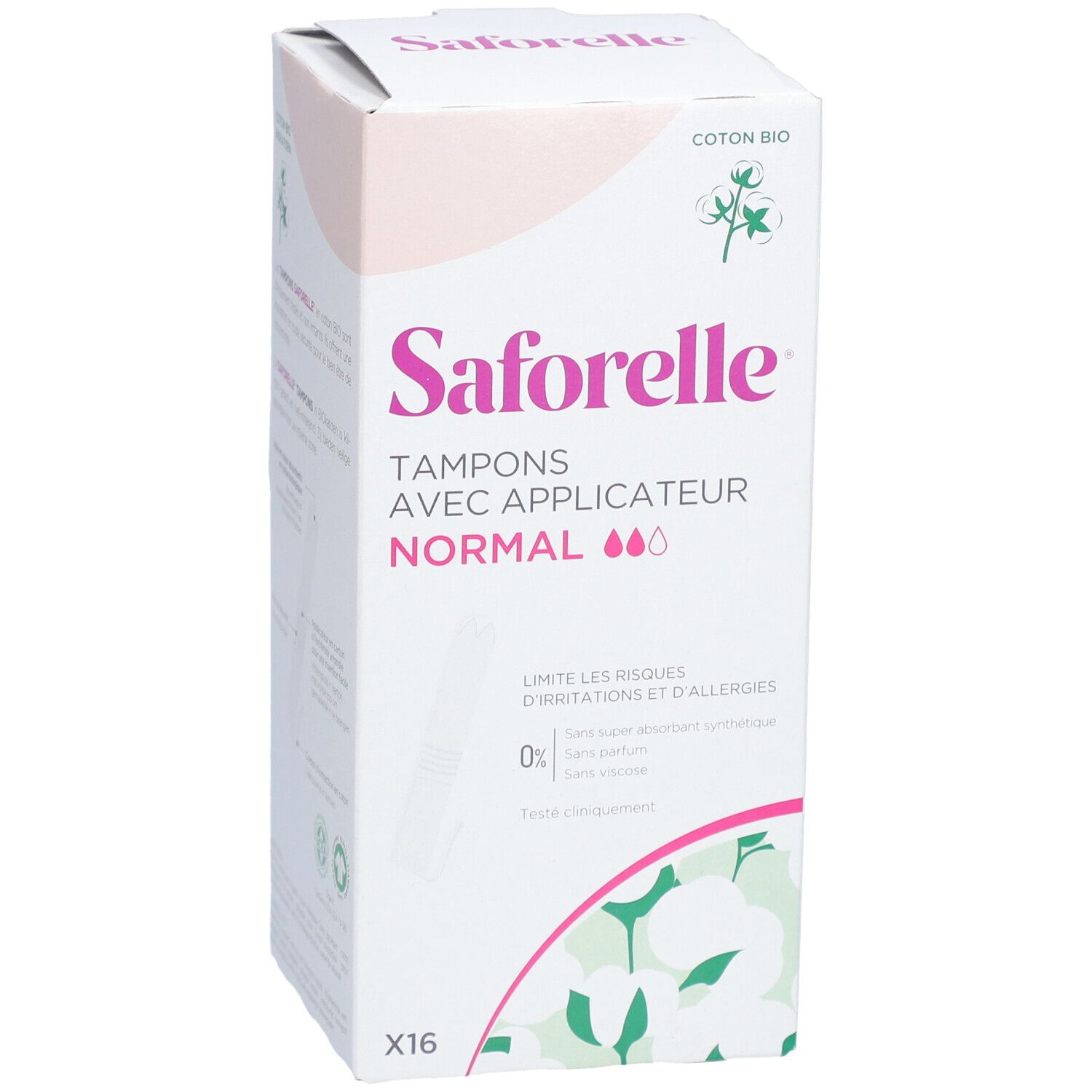Verpackung von Saforelle Tampons mit Applikator Normal. Enthält 16 Stück. Aufschrift: Coton Bio. Rosa und weiße Farbgebung.