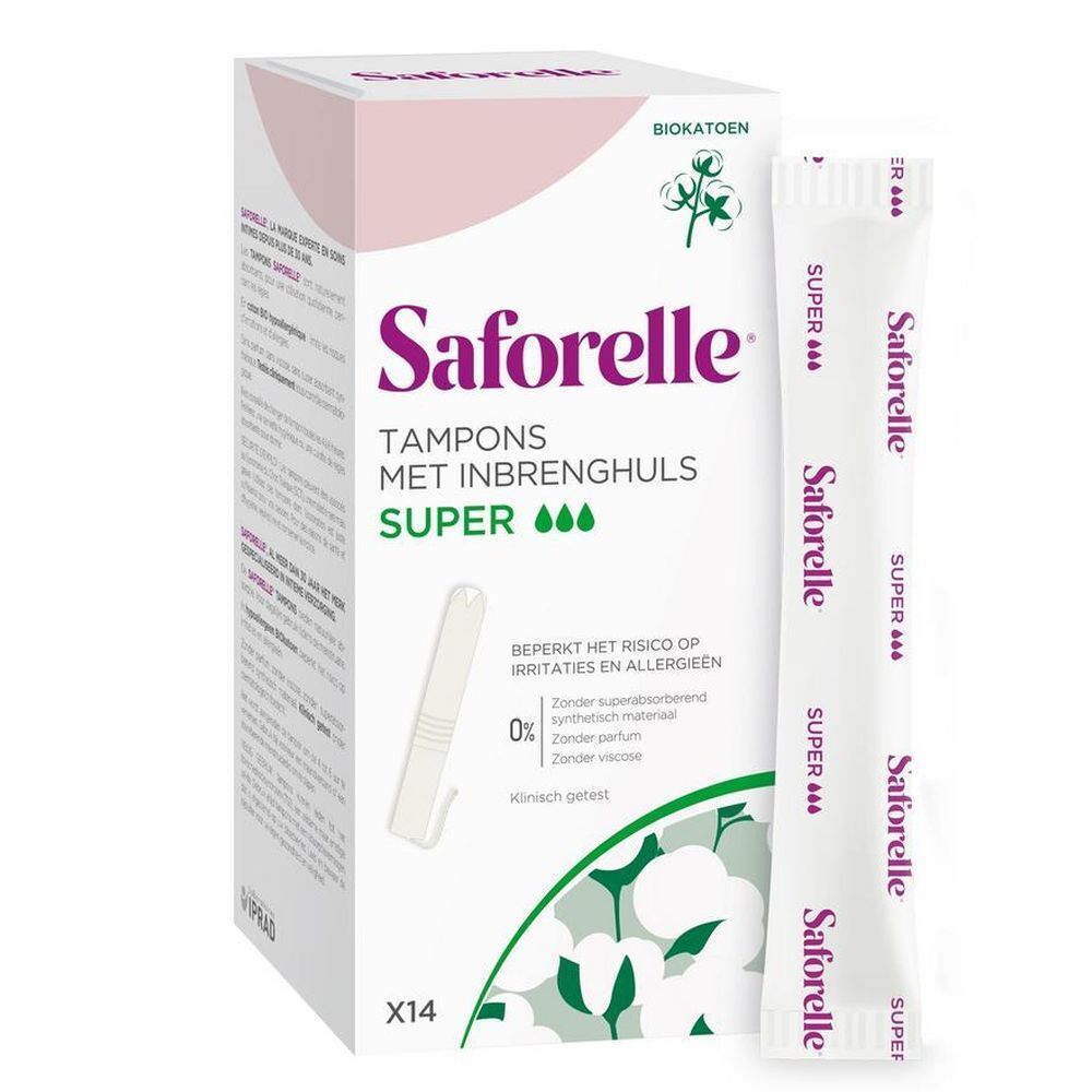 Boîte de tampons Saforelle avec applicateur Super. Contient 14 tampons et un tampon individuel avec applicateur.