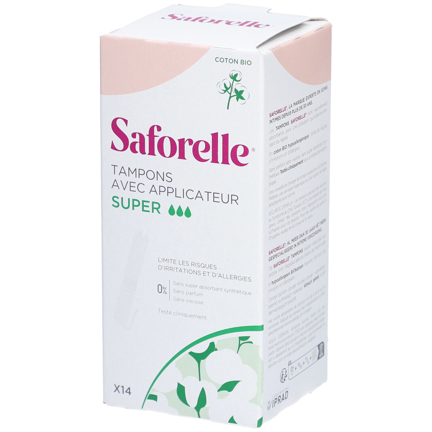 Boîte de tampons Saforelle avec applicateur Super. Contient 14 tampons. Logo coton bio et texte : Coton Bio.