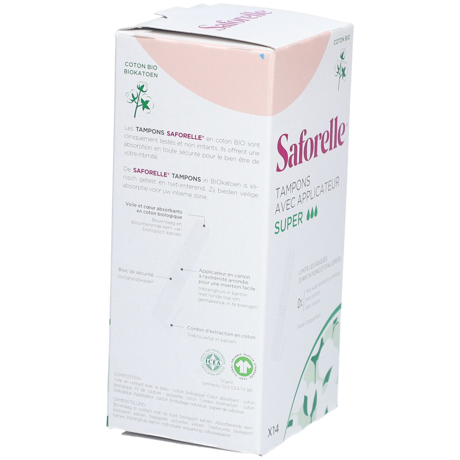 Boîte de tampons Saforelle avec applicateur Super. Contient 14 tampons. Verso avec texte et logo.