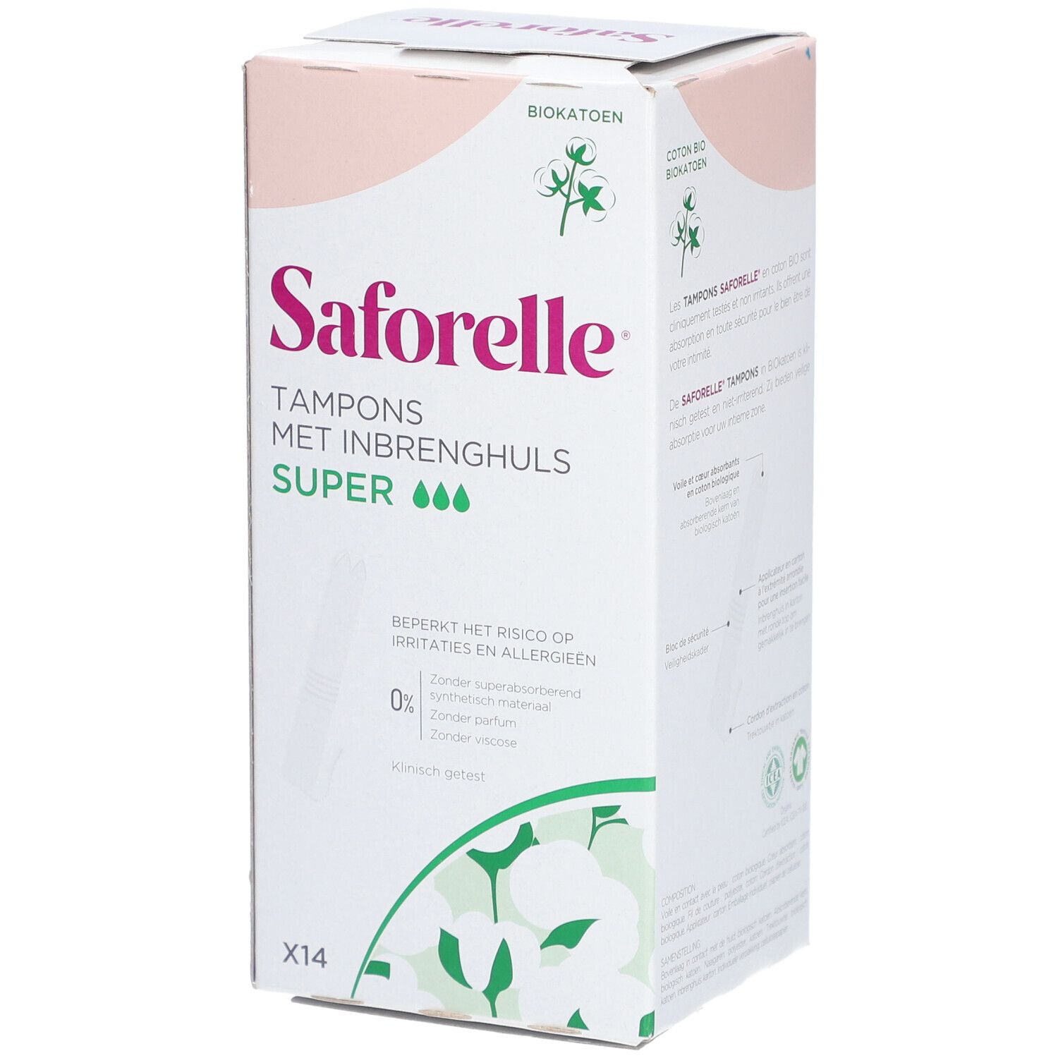 Boîte de tampons Saforelle avec applicateur Super. Contient 14 tampons. Verso avec texte et logo.