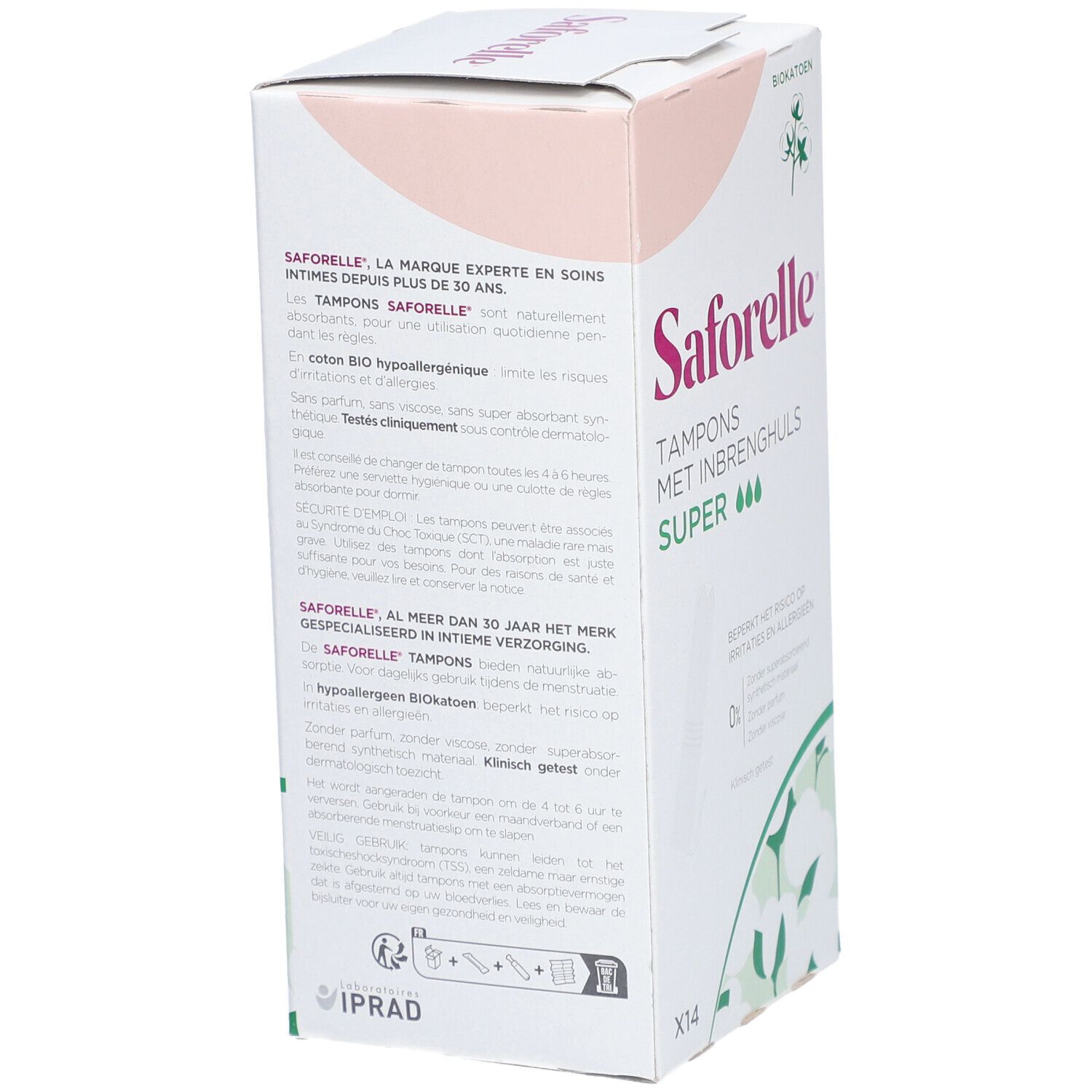 Boîte de tampons Saforelle avec applicateur Super. Contient 14 tampons. Verso avec texte et logo.