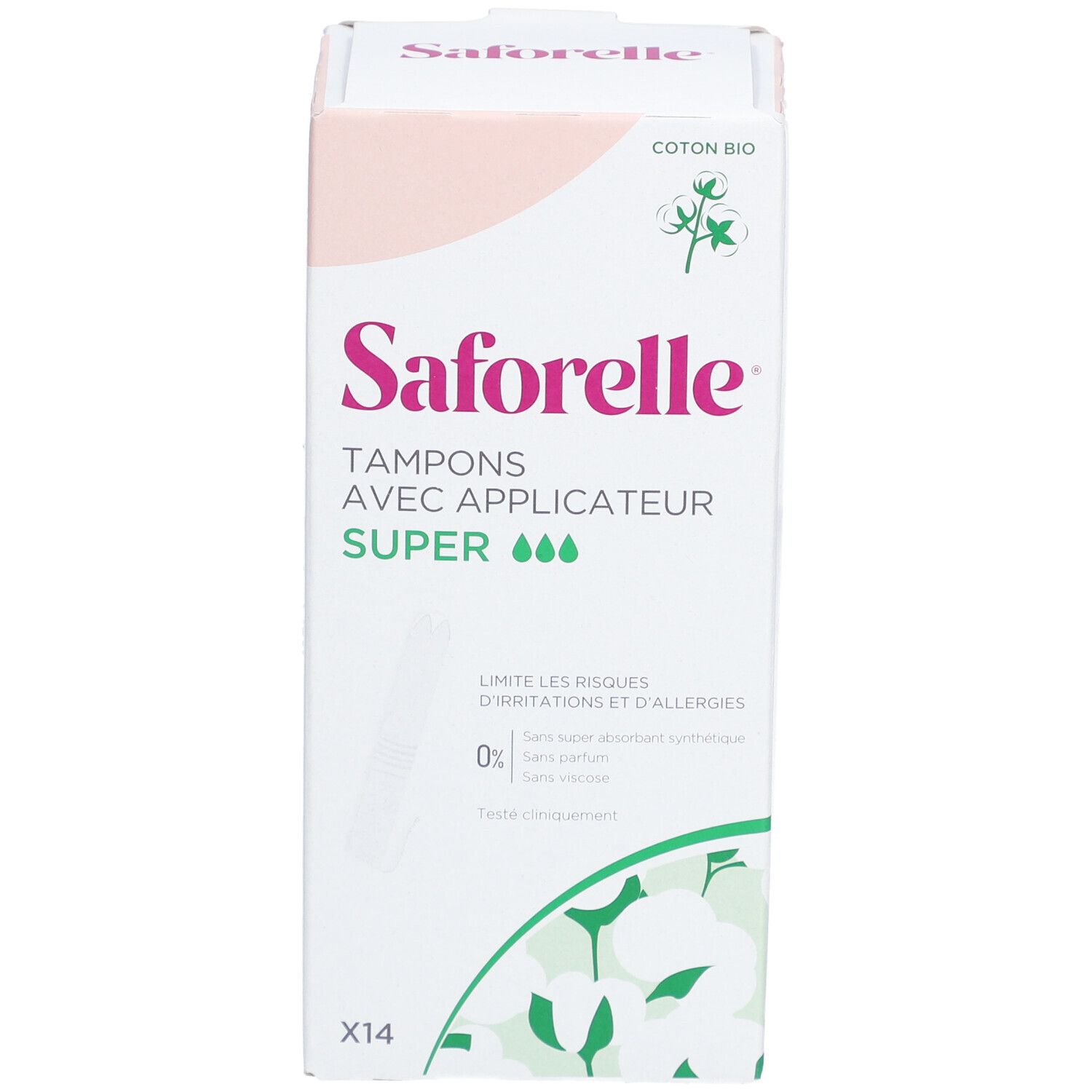Boîte de tampons Saforelle avec applicateur Super. Contient 14 tampons. Logo coton bio et texte : Coton Bio.