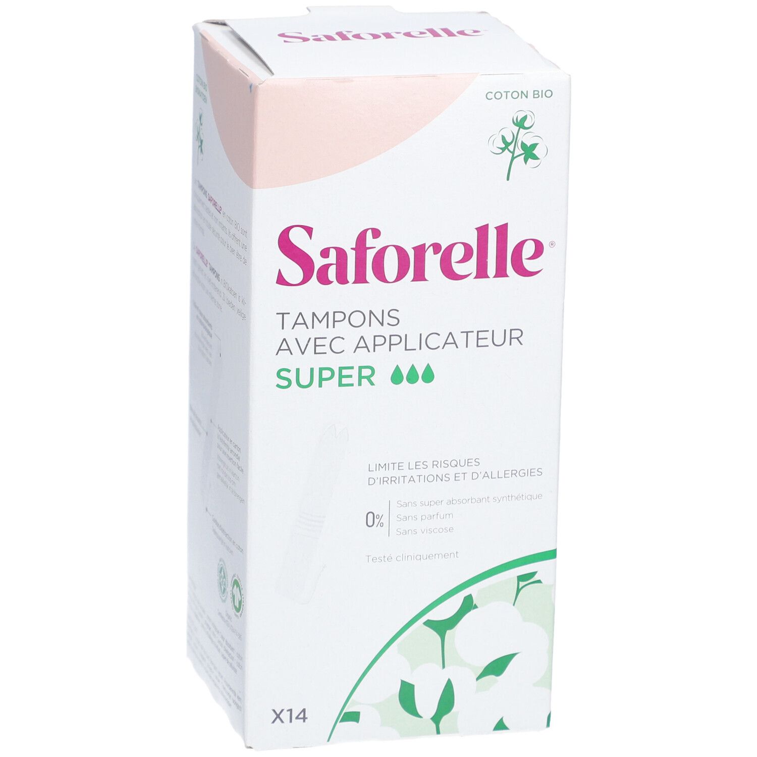 Boîte de tampons Saforelle avec applicateur Super. Contient 14 tampons. Logo coton bio et texte : Coton Bio.