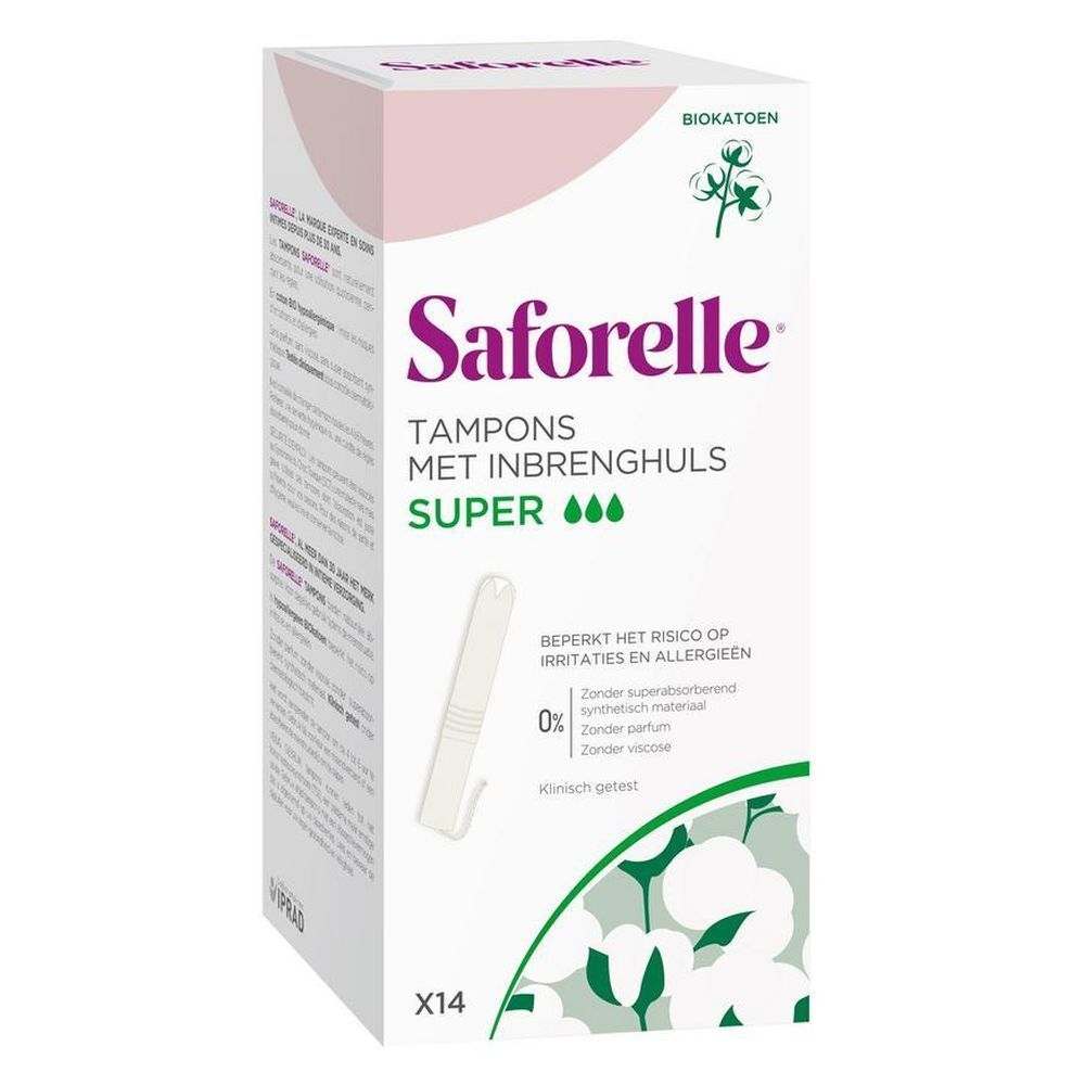 Boîte de tampons Saforelle avec applicateur Super. Contient 14 tampons. Tampon individuel avec applicateur visible.