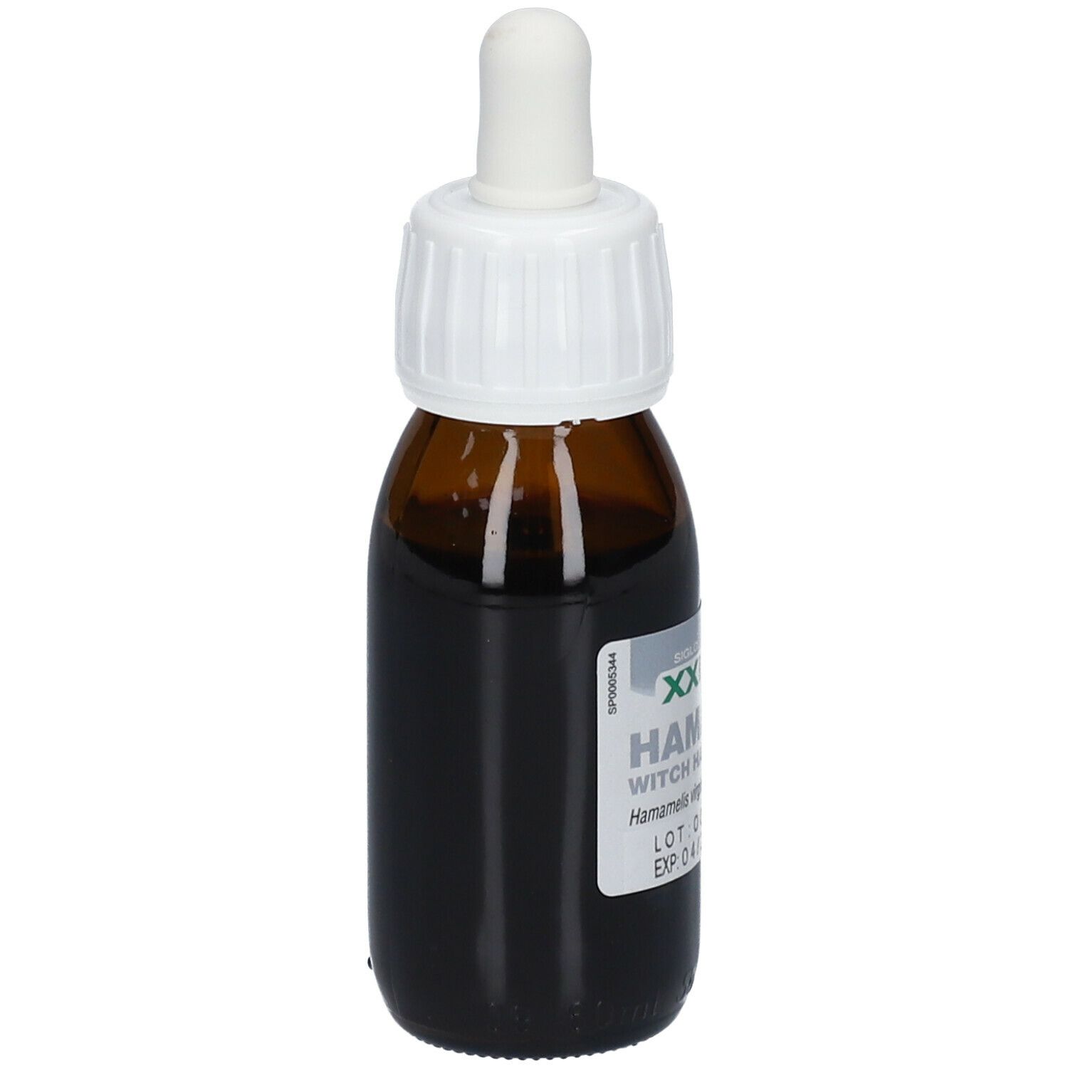 Braune Glasflasche mit weißem Tropfer. Etikett mit Text: Hamamelis, Witch Hazel, Soria Natural. Tropfflasche.