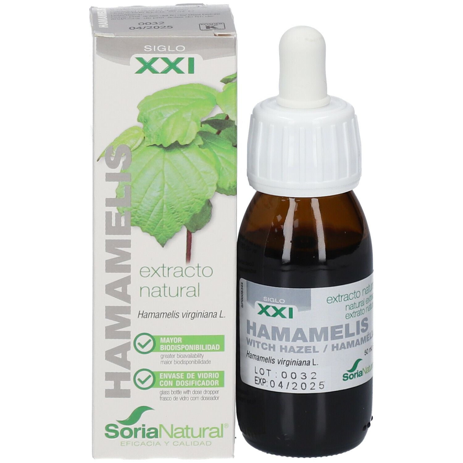 Produktflasche und Verpackung. Braune Flasche mit weißem Tropfer. Verpackung mit Text: Hamamelis, Soria Natural.