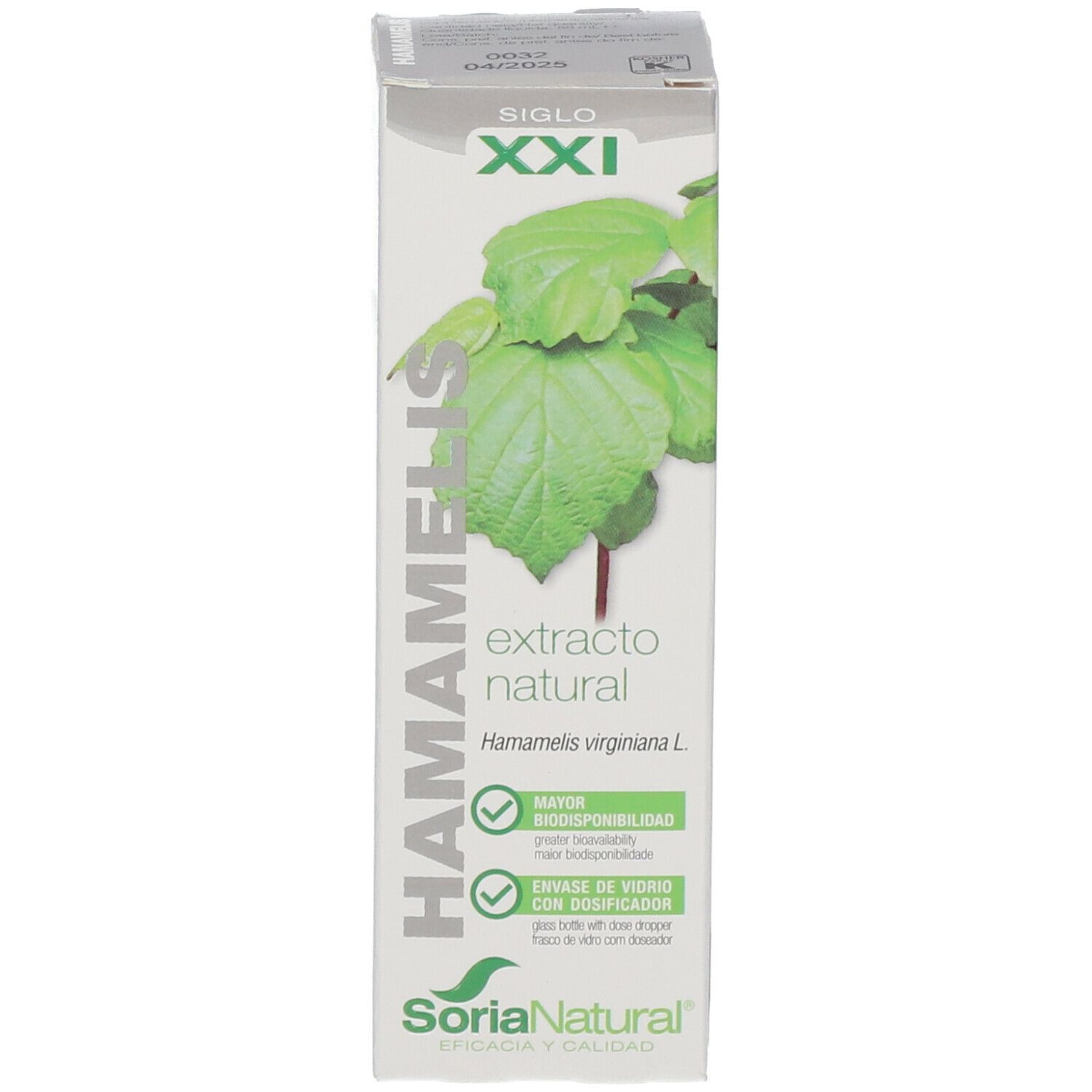 Verpackung mit Text: Hamamelis, Soria Natural. Abbildung von Blättern. Text: Extrakt, mayor biodisponibilidad.