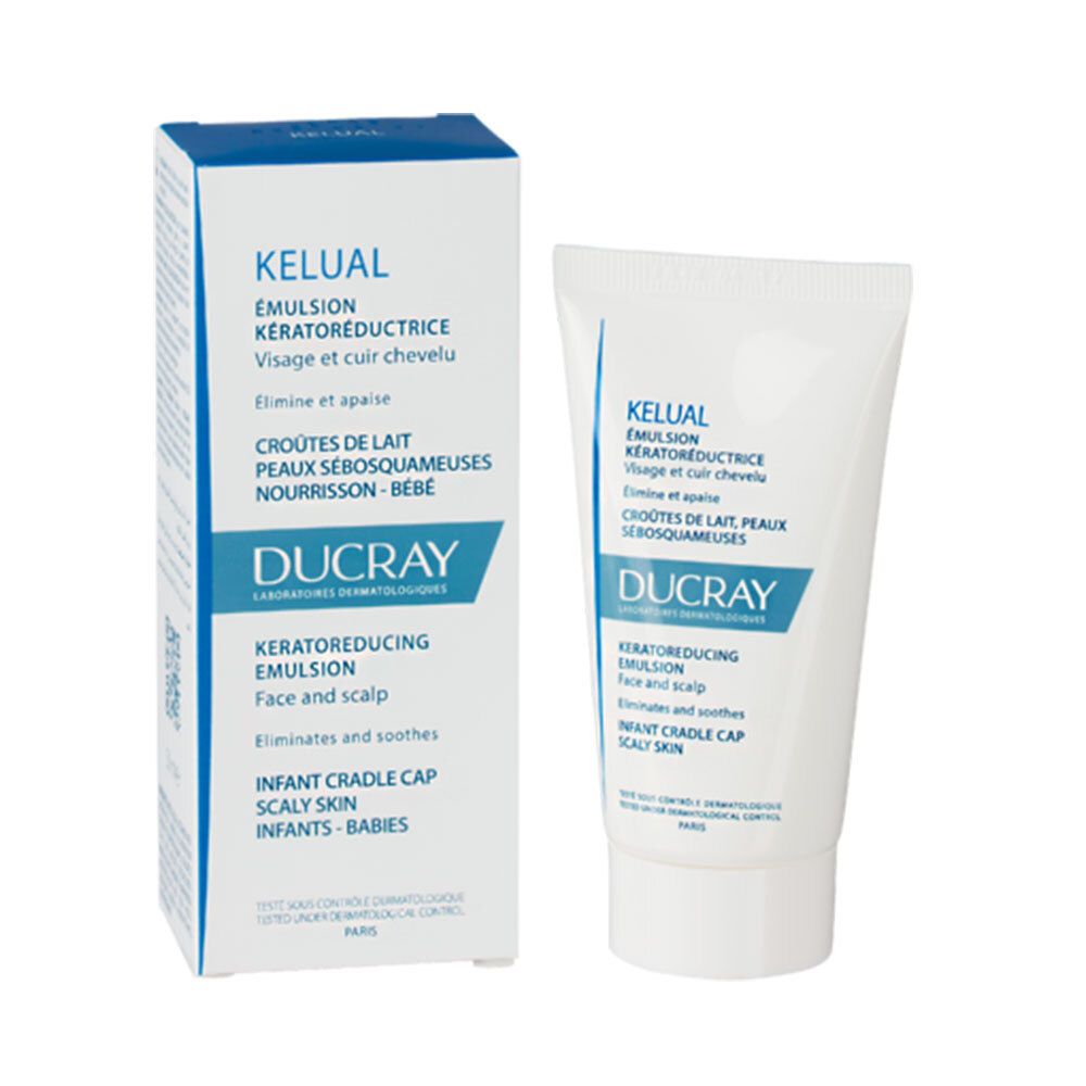 Emballage produit avec tube et boîte. Contient KELUAL Emulsion. Textes en allemand et anglais. Marque : DUCRAY.