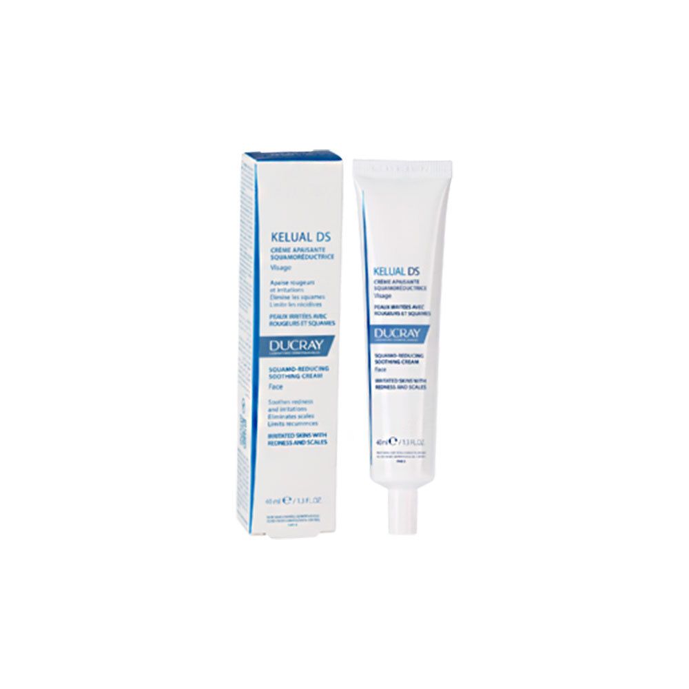 Emballage produit avec tube et boîte. Contient Kelual DS Crème. Marque Ducray.