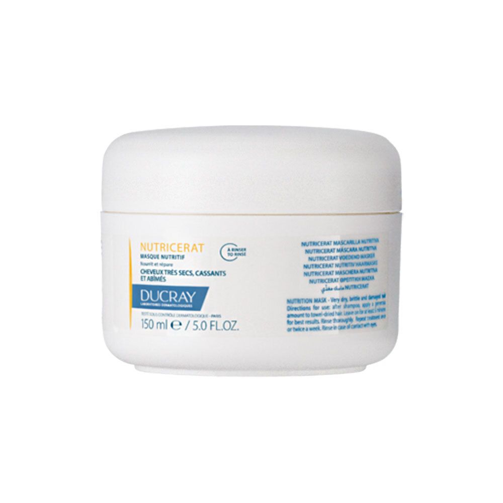 Pot blanc avec couvercle. Inscription: NUTRICERAT, Masque Nutritif, DUCRAY. 150 ml/5.0 FL.OZ.