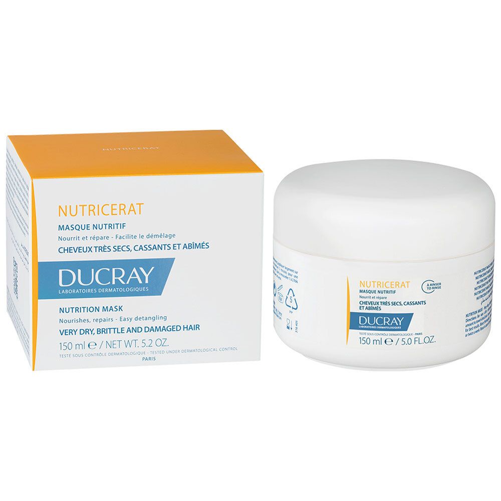 Emballage produit avec pot et boîte. Inscription: NUTRICERAT, Masque Nutritif, DUCRAY. 150 ml/5.2 OZ.