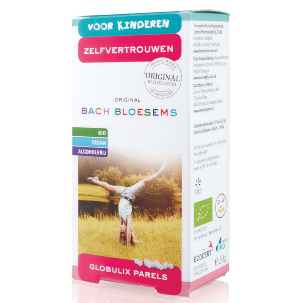 Original Bachblüten Globuli-Packung. Aufschrift: Selbstvertrauen. Enthält Bio, Vegan, Alkoholfrei. Bild: Kind beim Handstand.
