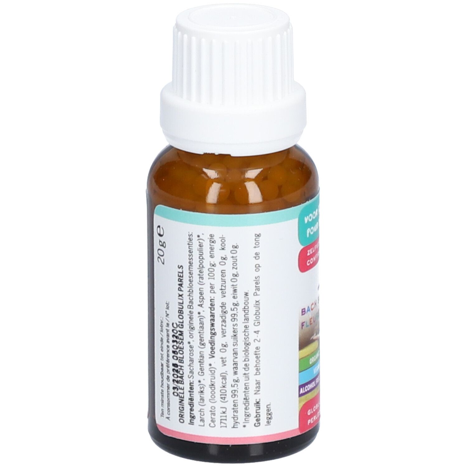 Braunglasflasche mit weißem Deckel. Aufschrift: Selbstvertrauen, Bach Bloesems, Globuli Parels. Enthält Bio, Vegan, Alkoholfrei. 20g.