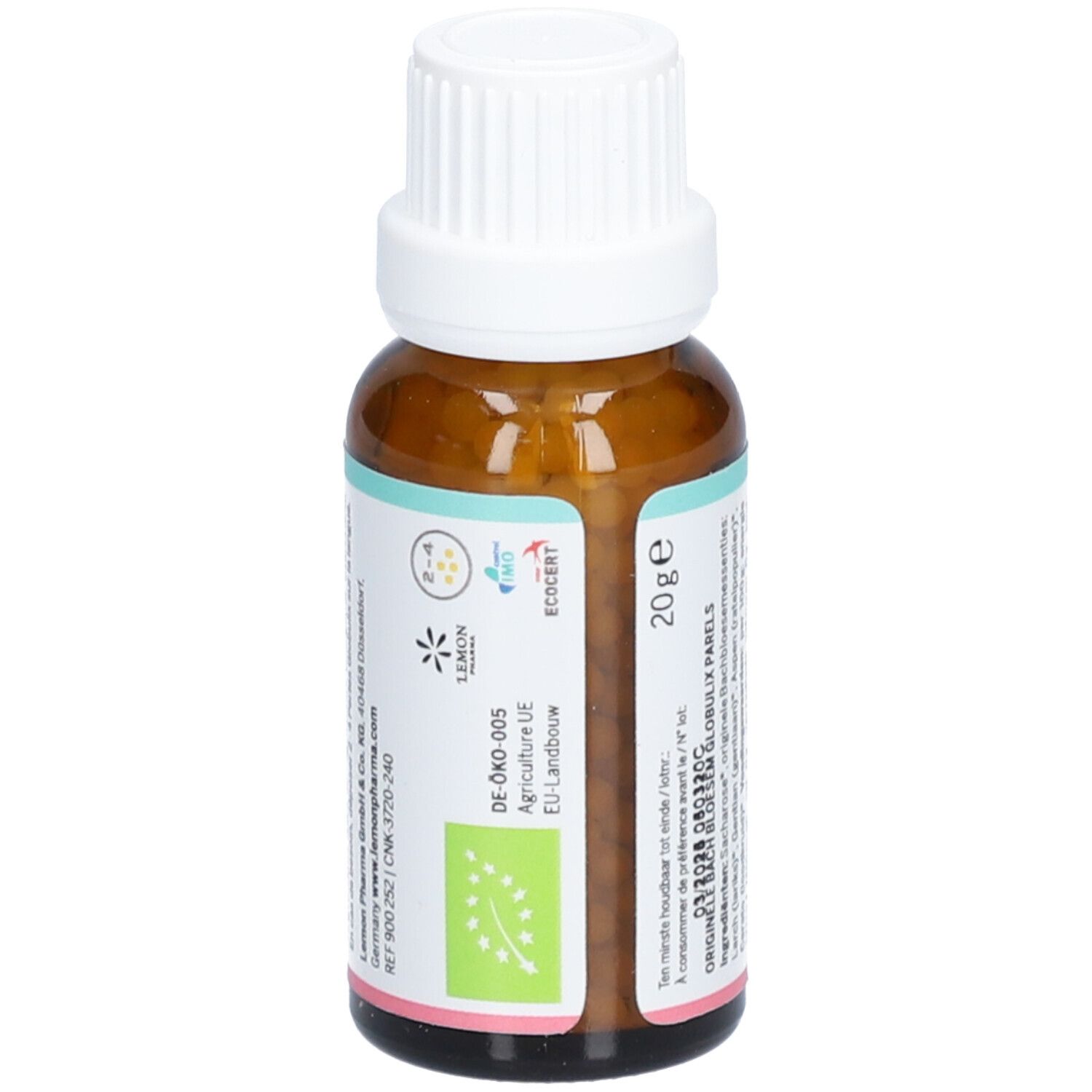 Braunglasflasche mit weißem Deckel. Aufschrift: Selbstvertrauen, Bach Bloesems, Globuli Parels. Enthält Bio, Vegan, Alkoholfrei. 20g.