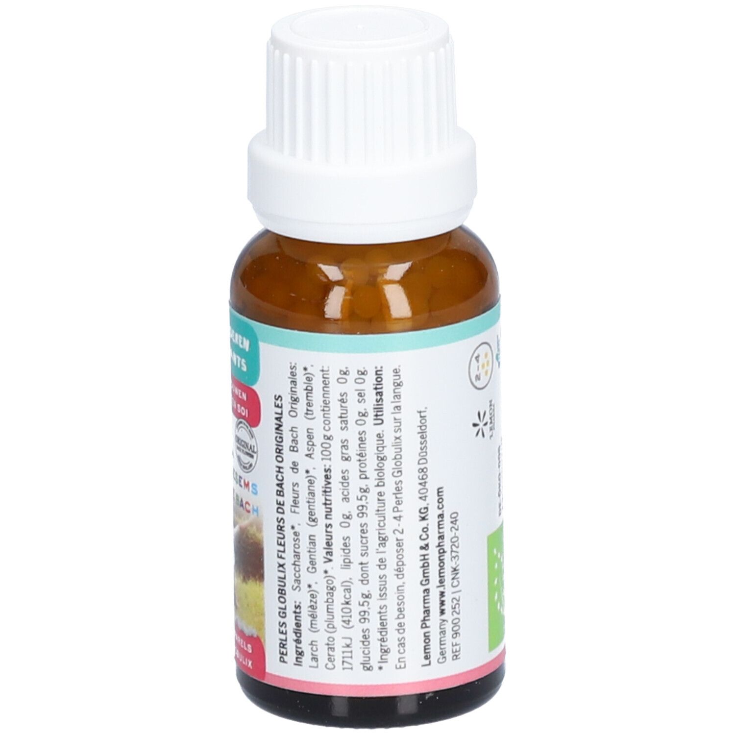 Braunglasflasche mit weißem Deckel. Aufschrift: Selbstvertrauen, Bach Bloesems, Globuli Parels. Enthält Bio, Vegan, Alkoholfrei. 20g.