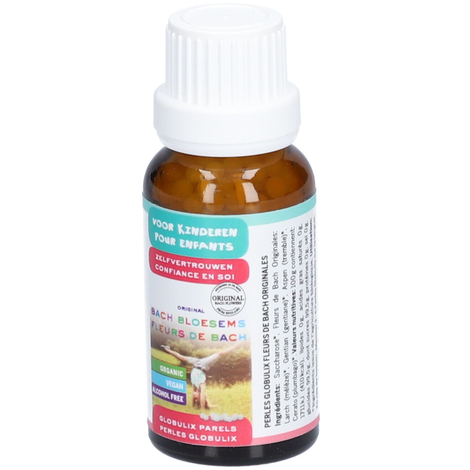 Braunglasflasche mit weißem Deckel. Aufschrift: Selbstvertrauen, Bach Bloesems, Globuli Parels. Enthält Bio, Vegan, Alkoholfrei. 20g.