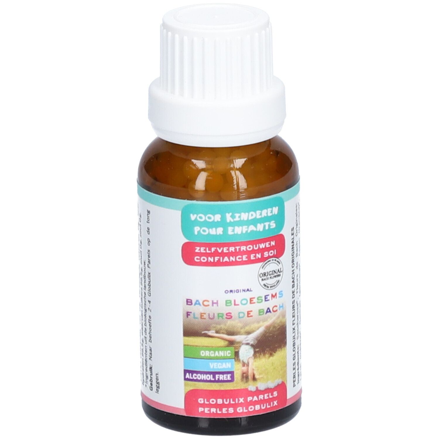 Braunglasflasche mit weißem Deckel. Aufschrift: Selbstvertrauen, Bach Bloesems, Globuli Parels. Enthält Bio, Vegan, Alkoholfrei. 20g.
