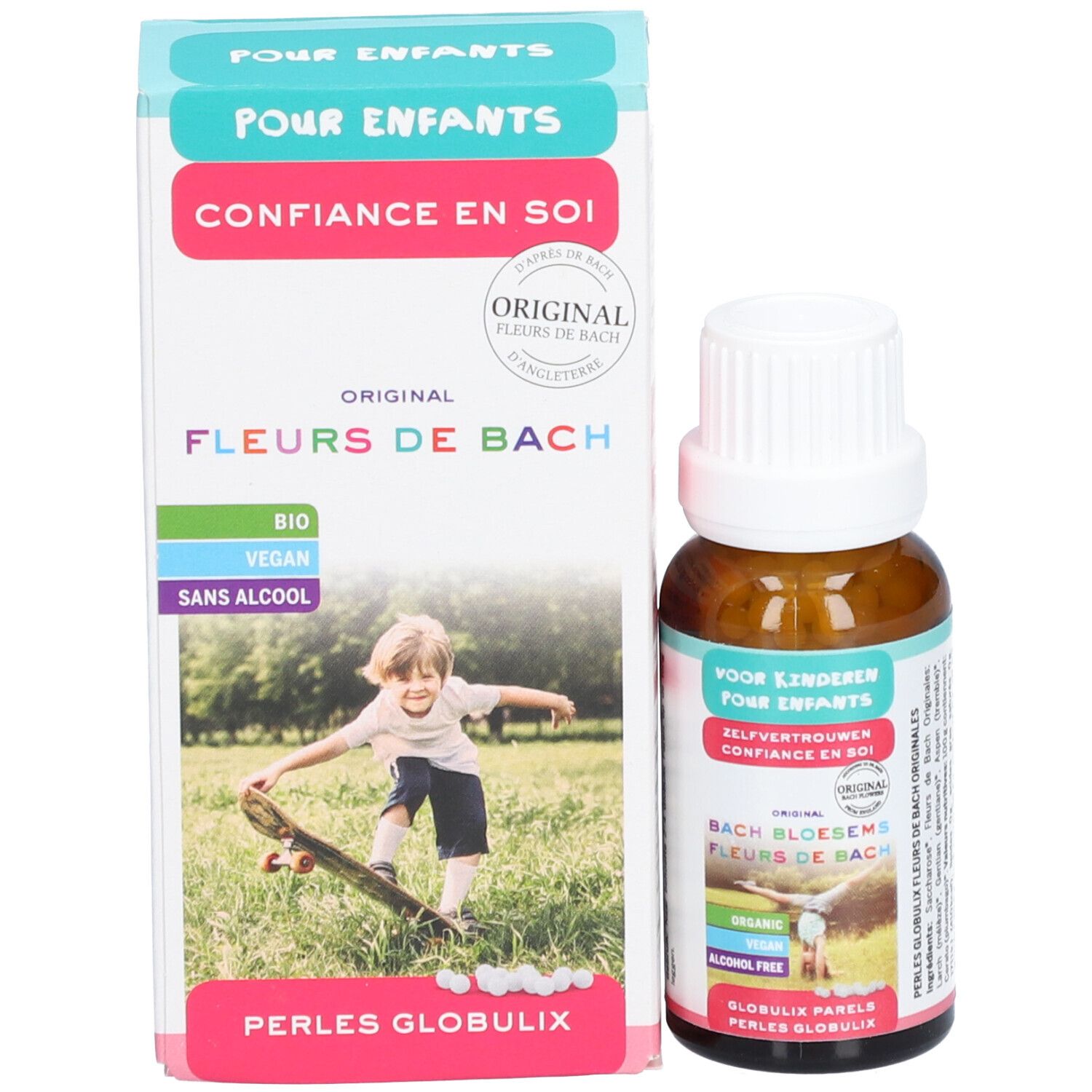 Packung und Flasche Original Fleurs de Bach. Aufschrift: Confiance en soi. Enthält Bio, Vegan, Sans alcool. Bild: Kind auf Skateboard.