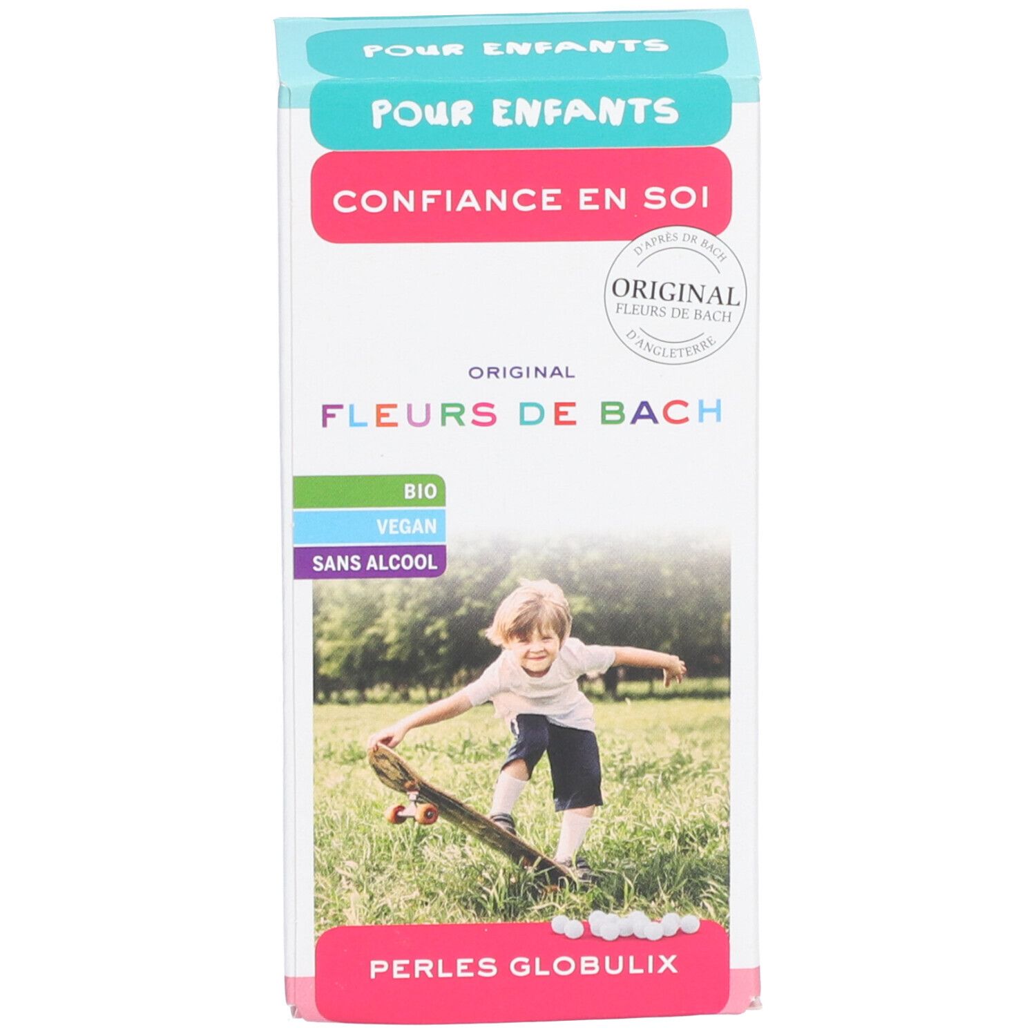 Packung Original Fleurs de Bach. Aufschrift: Confiance en soi. Enthält Bio, Vegan, Sans alcool. Bild: Kind auf Skateboard.