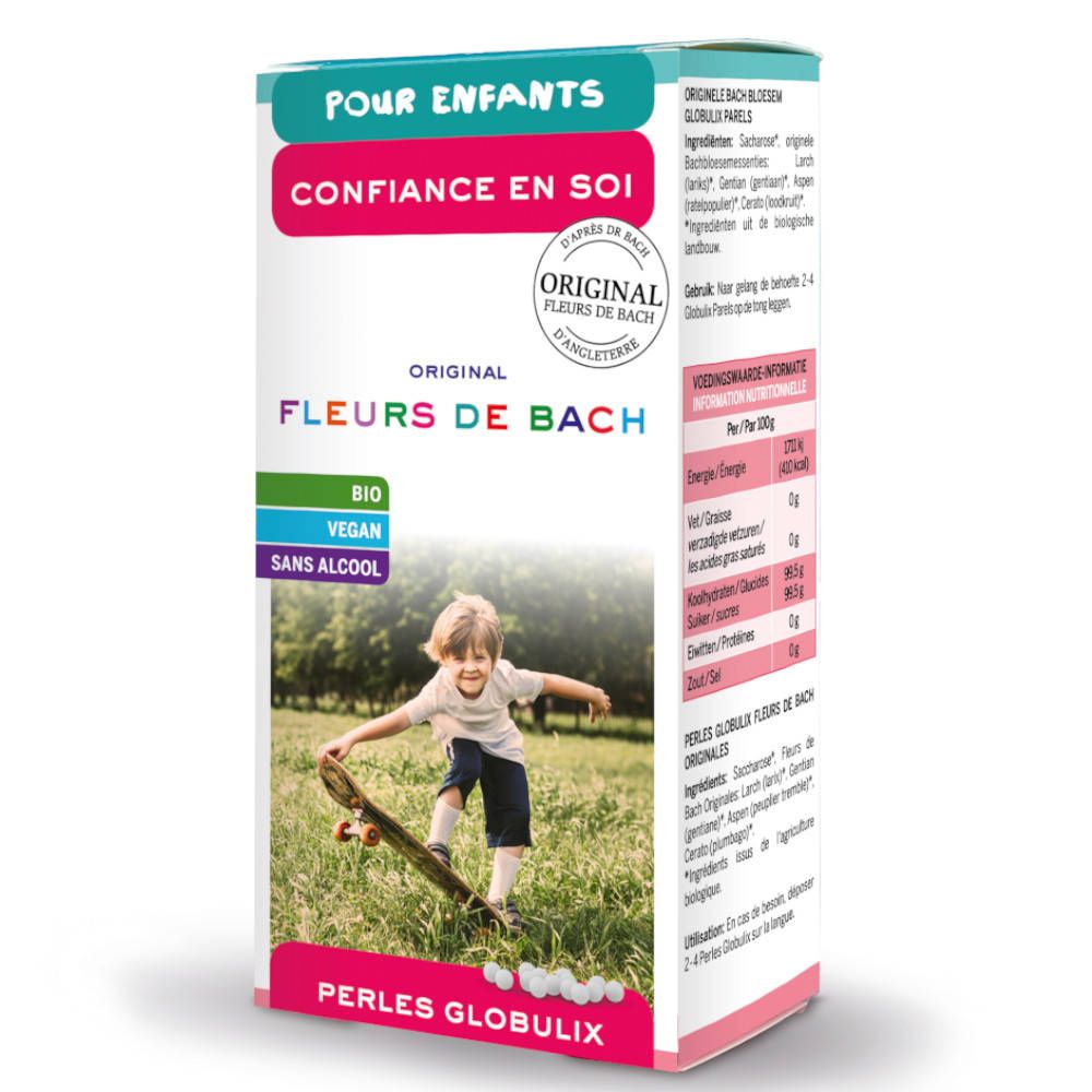 Packung Original Fleurs de Bach Globuli. Aufschrift: Confiance en soi. Enthält Bio, Vegan, Sans alcool. Bild: Kind auf Skateboard.