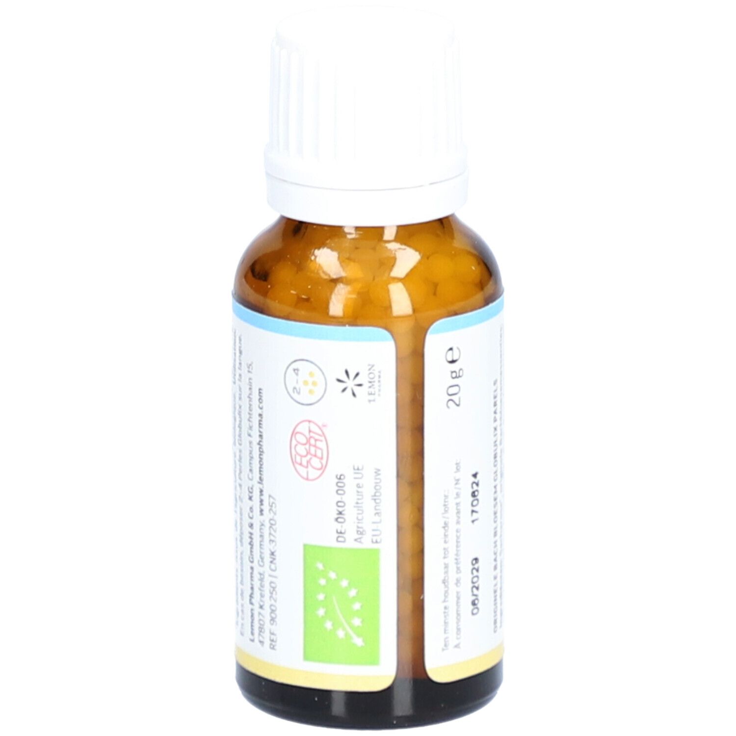 Braune Glasflasche mit weißem Deckel. Etikett mit Bio-Siegel und Text: Lemon Pharma. 20g.