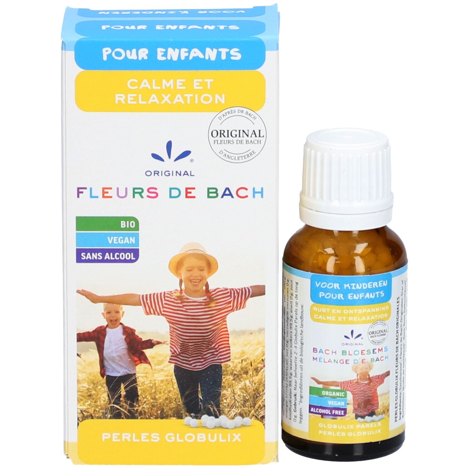 Produktflasche und Verpackung. Flasche mit weißem Deckel, Verpackung mit Text: Fleurs de Bach, für Kinder, Ruhe und Entspannung.