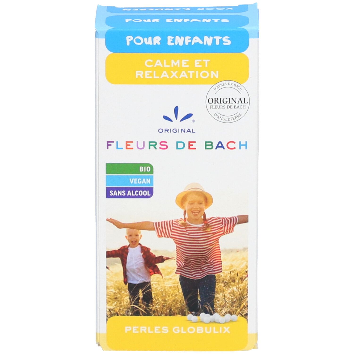 Verpackung mit Text: Fleurs de Bach, für Kinder, Ruhe und Entspannung. Abbildung von Kindern.