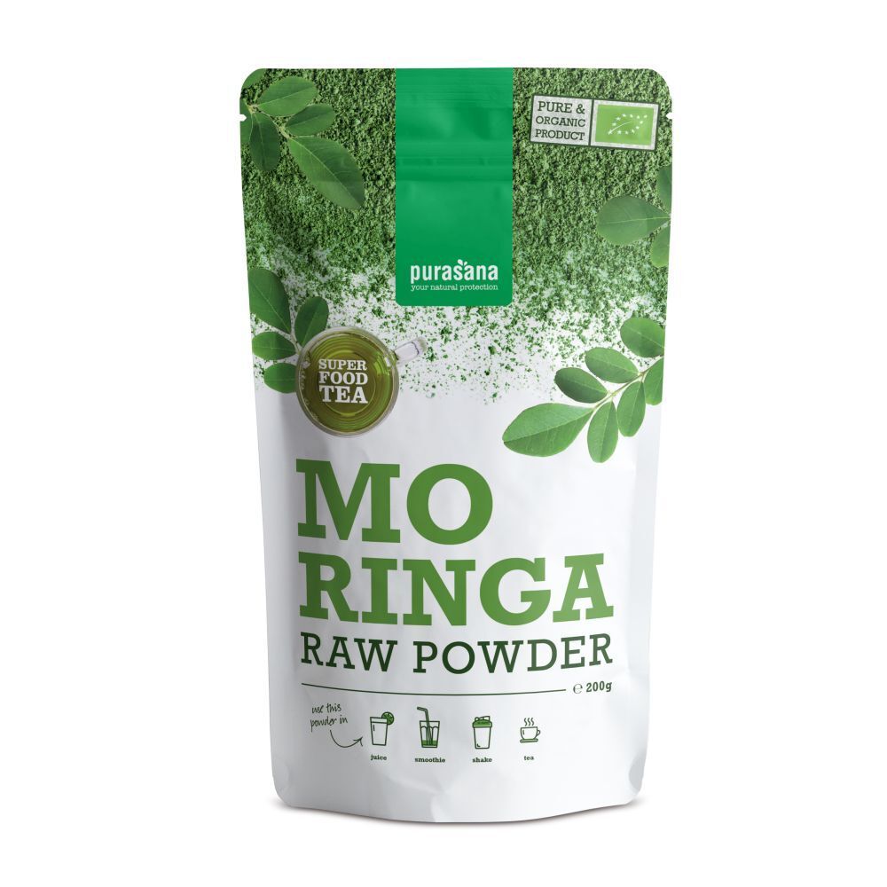 Sachet de poudre de moringa purasana®. Emballage vert et blanc avec nom du produit et label bio. Contient 200g.