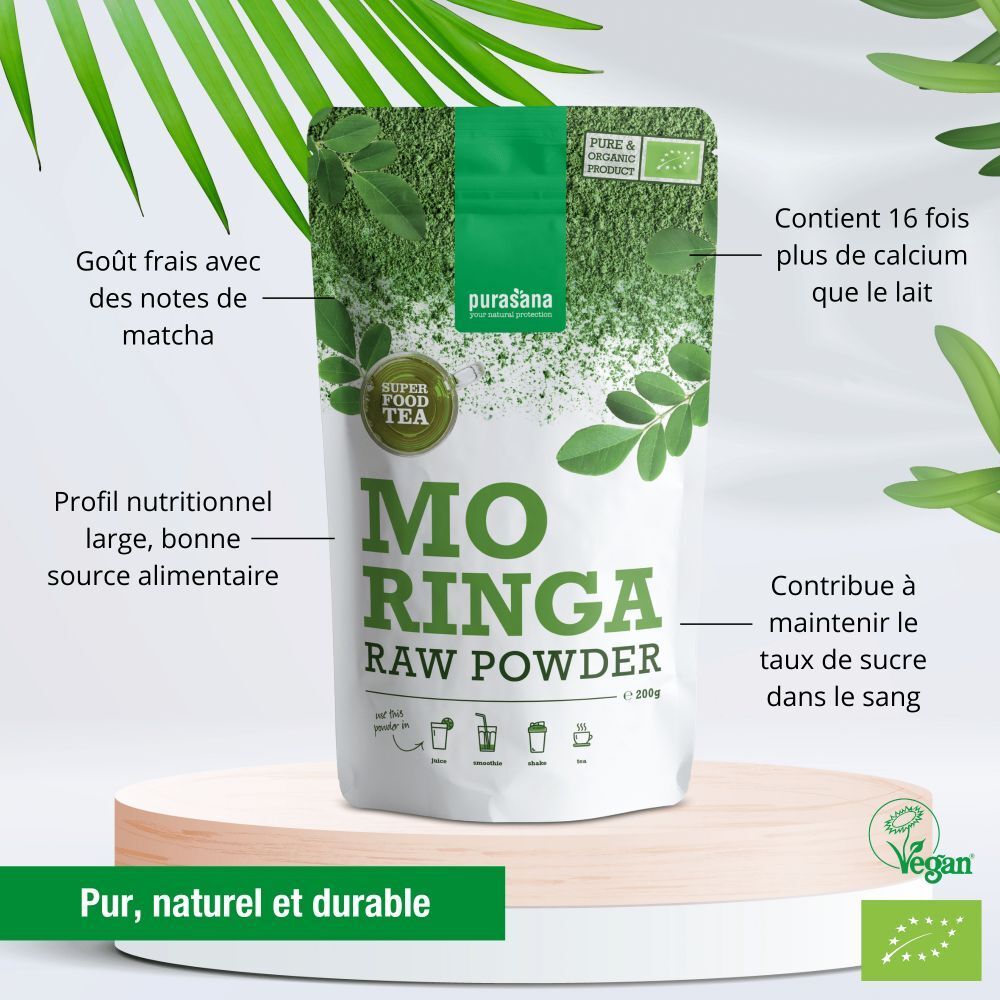 Sachet de poudre de moringa purasana®. Emballage vert et blanc avec nom du produit et label bio. Contient 200g. Texte avec avantages.