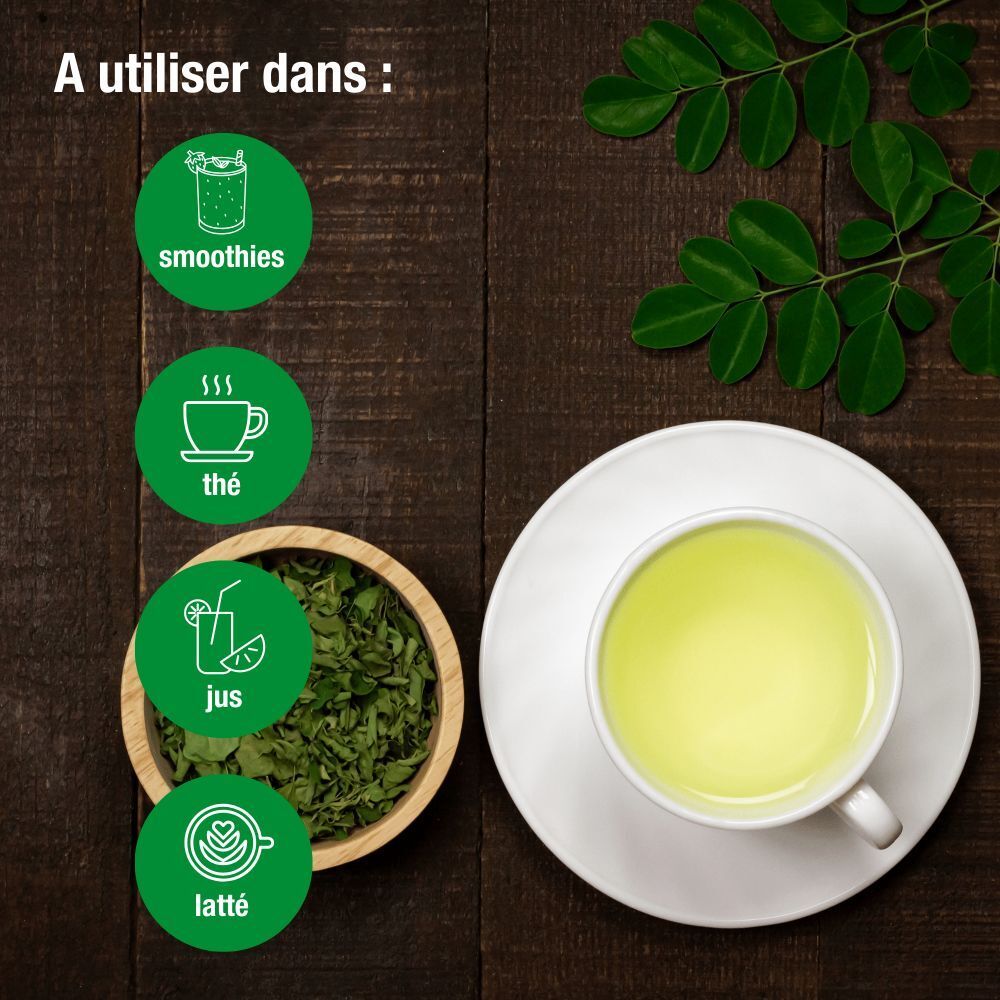 Sachet de poudre de moringa purasana®. Emballage vert et blanc avec nom du produit et label bio. Contient 200g. Texte avec avantages.