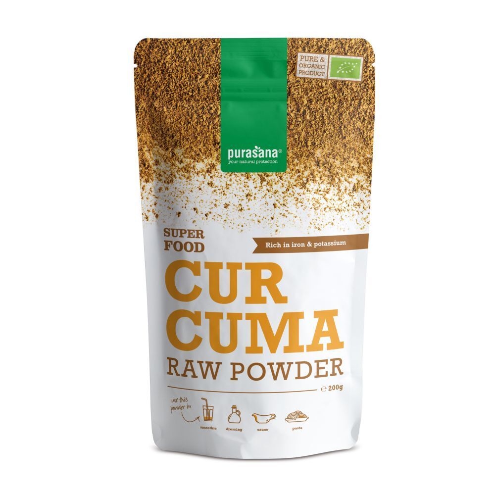 Purasana Curcuma Raw Powder in zak. Bio-certificering. Opschrift: Curcuma Raw Powder.
