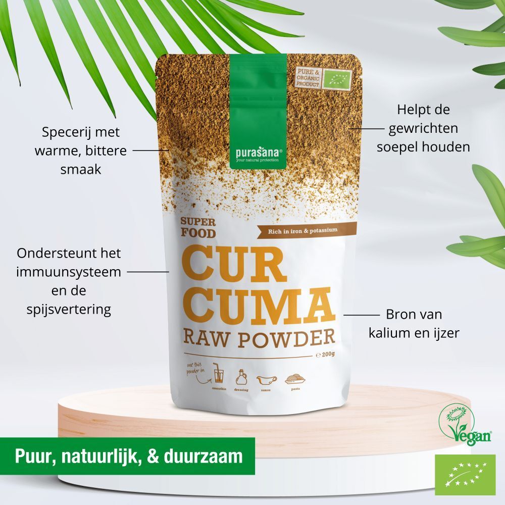 Purasana Curcuma zak met tekst. Bevat informatie over voordelen en bio-certificering.