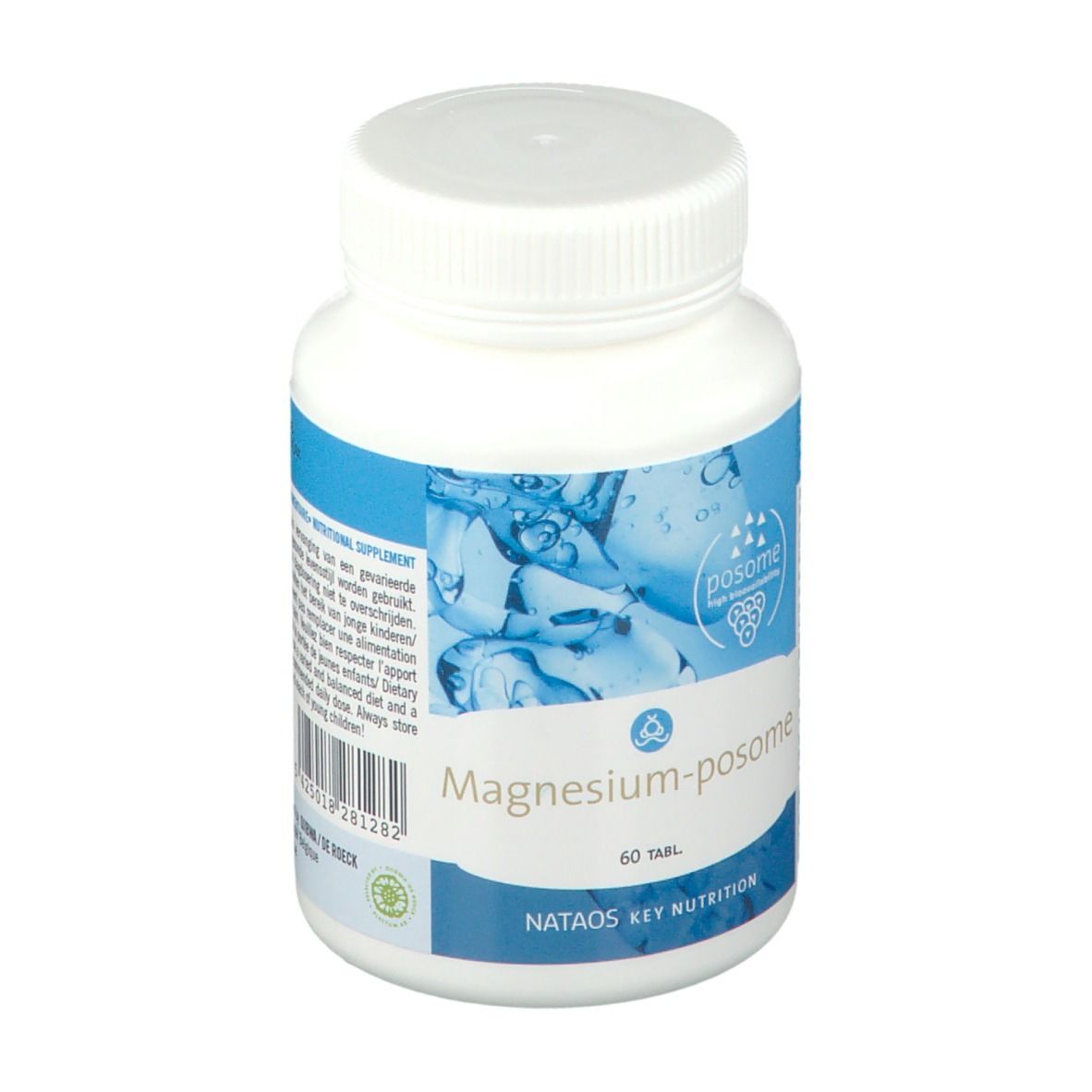 Flacon blanc avec étiquette bleue. Inscription: Magnesium-posome, 60 tabl. NATAOS KEY NUTRITION. Couvercle en haut.