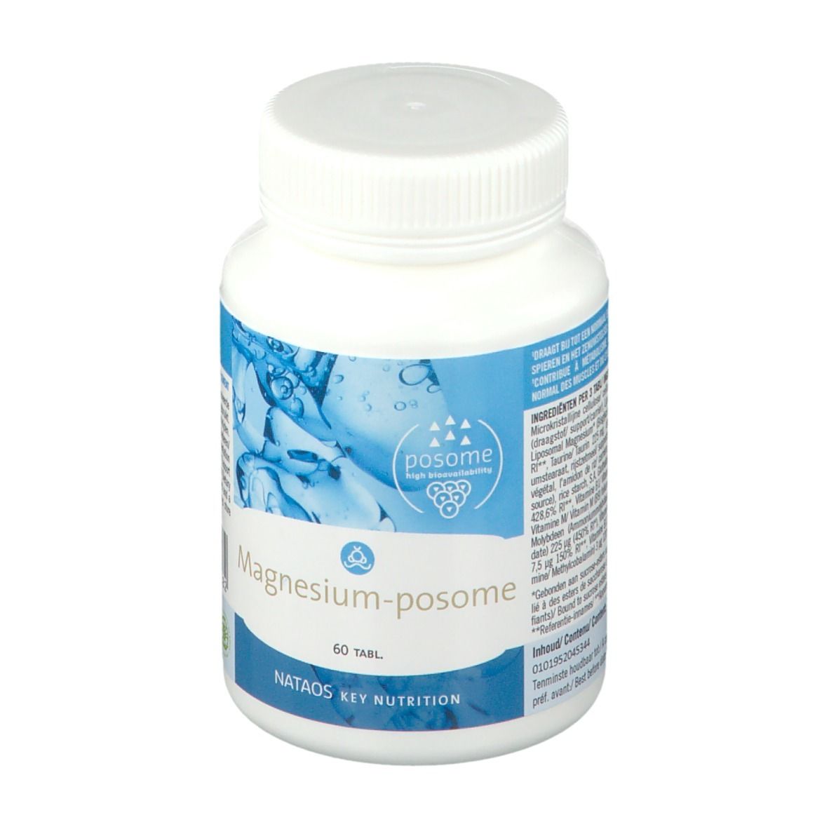 Flacon blanc avec étiquette bleue. Inscription: Magnesium-posome, 60 tabl. NATAOS KEY NUTRITION. Couvercle en haut.