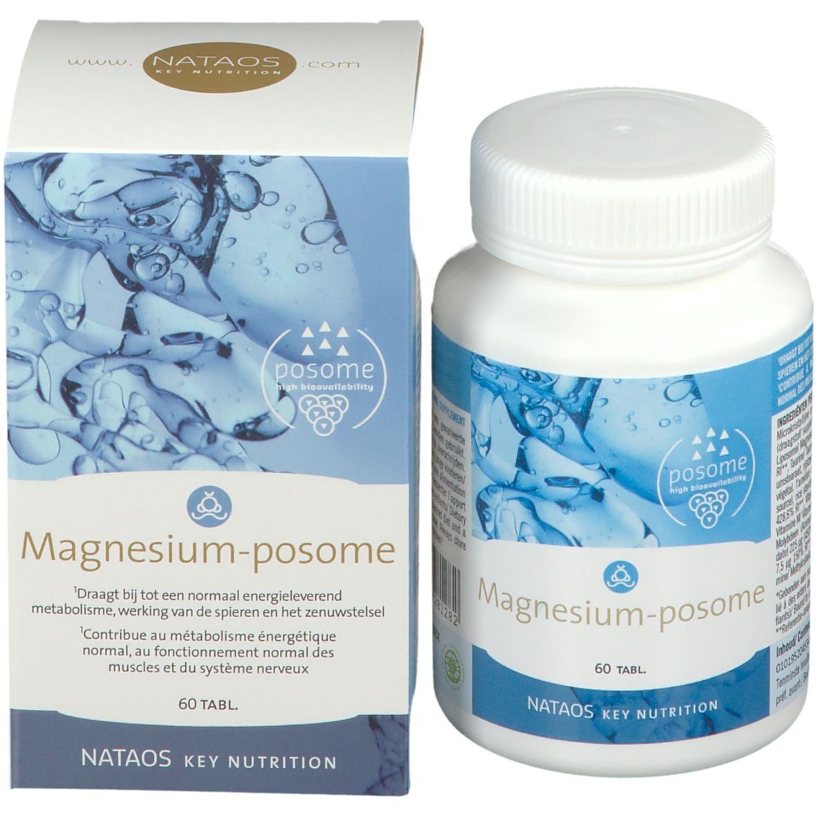 Emballage du produit avec flacon et boîte. Inscription: Magnesium-posome, 60 tabl. NATAOS KEY NUTRITION.