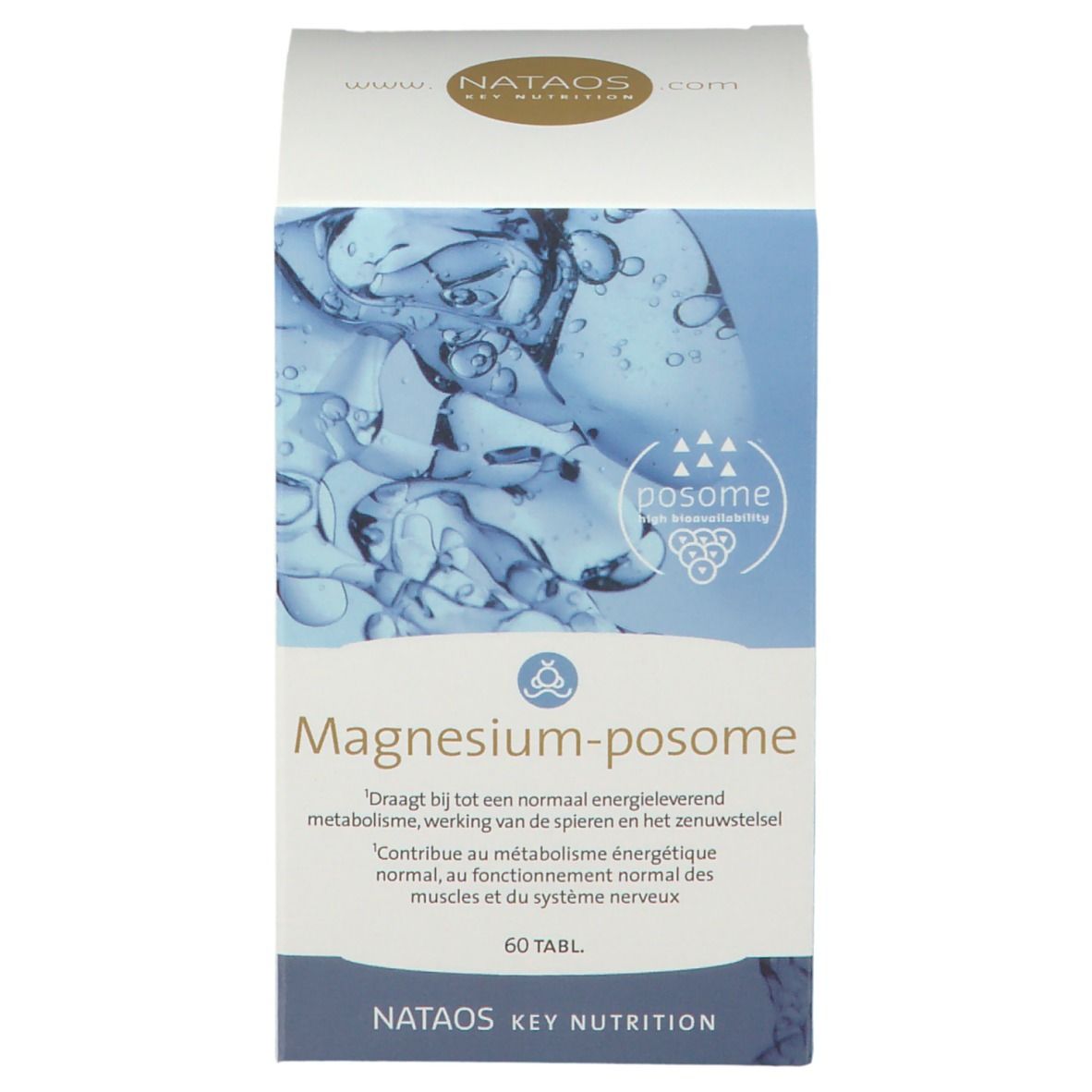 Emballage du produit. Inscription: Magnesium-posome, 60 tabl. NATAOS KEY NUTRITION. Boîte.