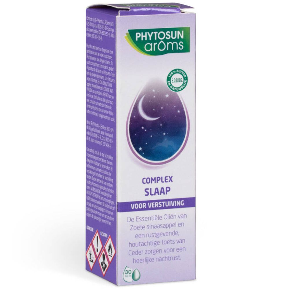 Schachtel mit Produktetikett. Logo und Produktname. Tropfenförmiges Design mit Mond und Sternen.