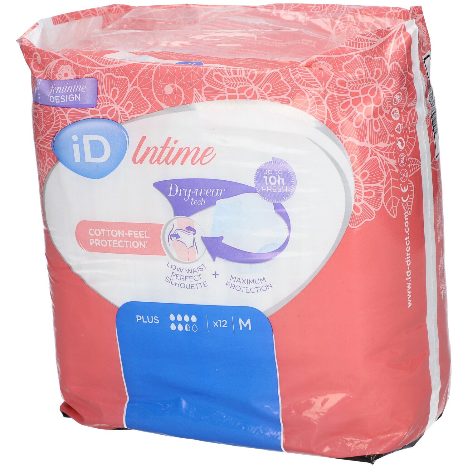 Verpakking iD Intime Pants Plus Grace Medium. Roze-witte verpakking met productafbeelding en tekst. Maat M, 12 stuks.