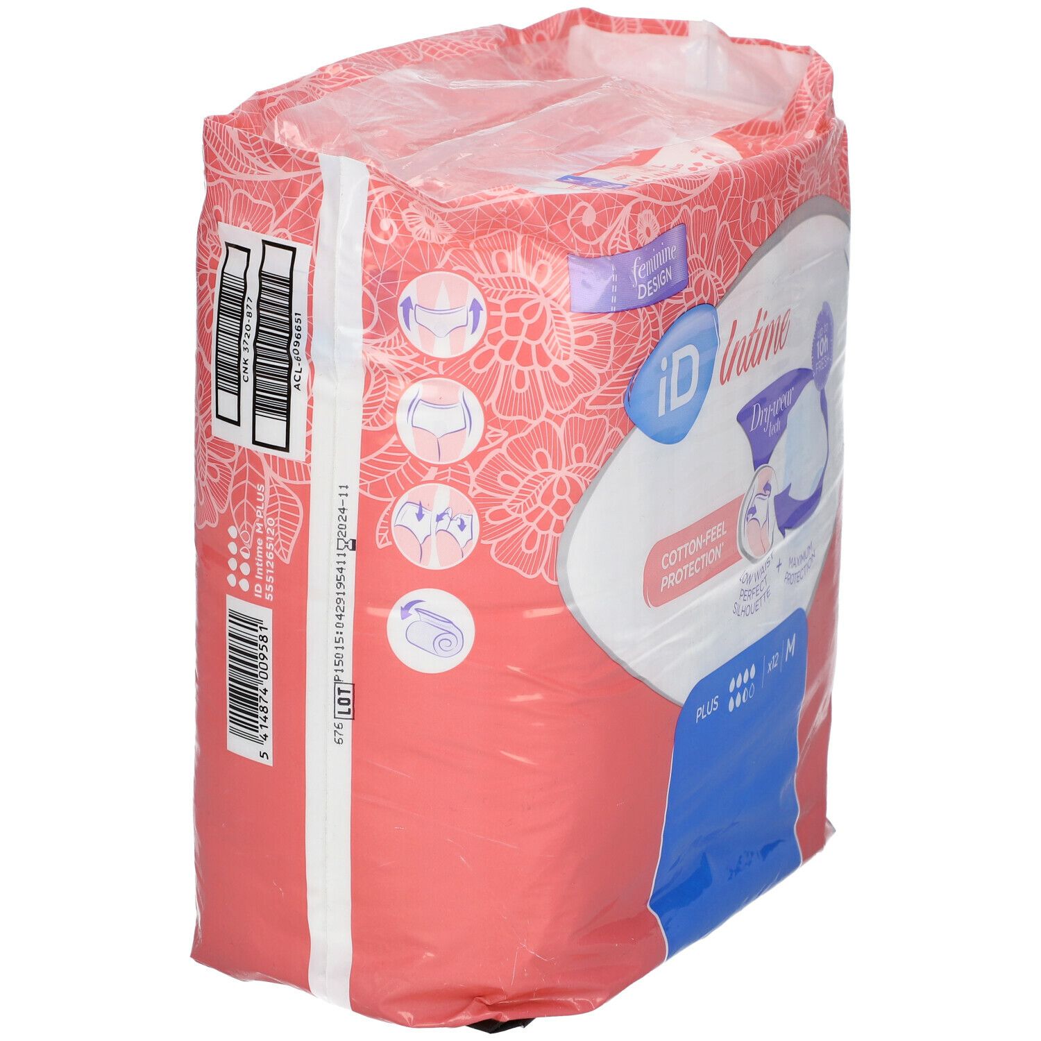 Achterkant van de verpakking iD Intime Pants Plus Grace Medium. Roze verpakking met productafbeeldingen en tekst. Maat M.