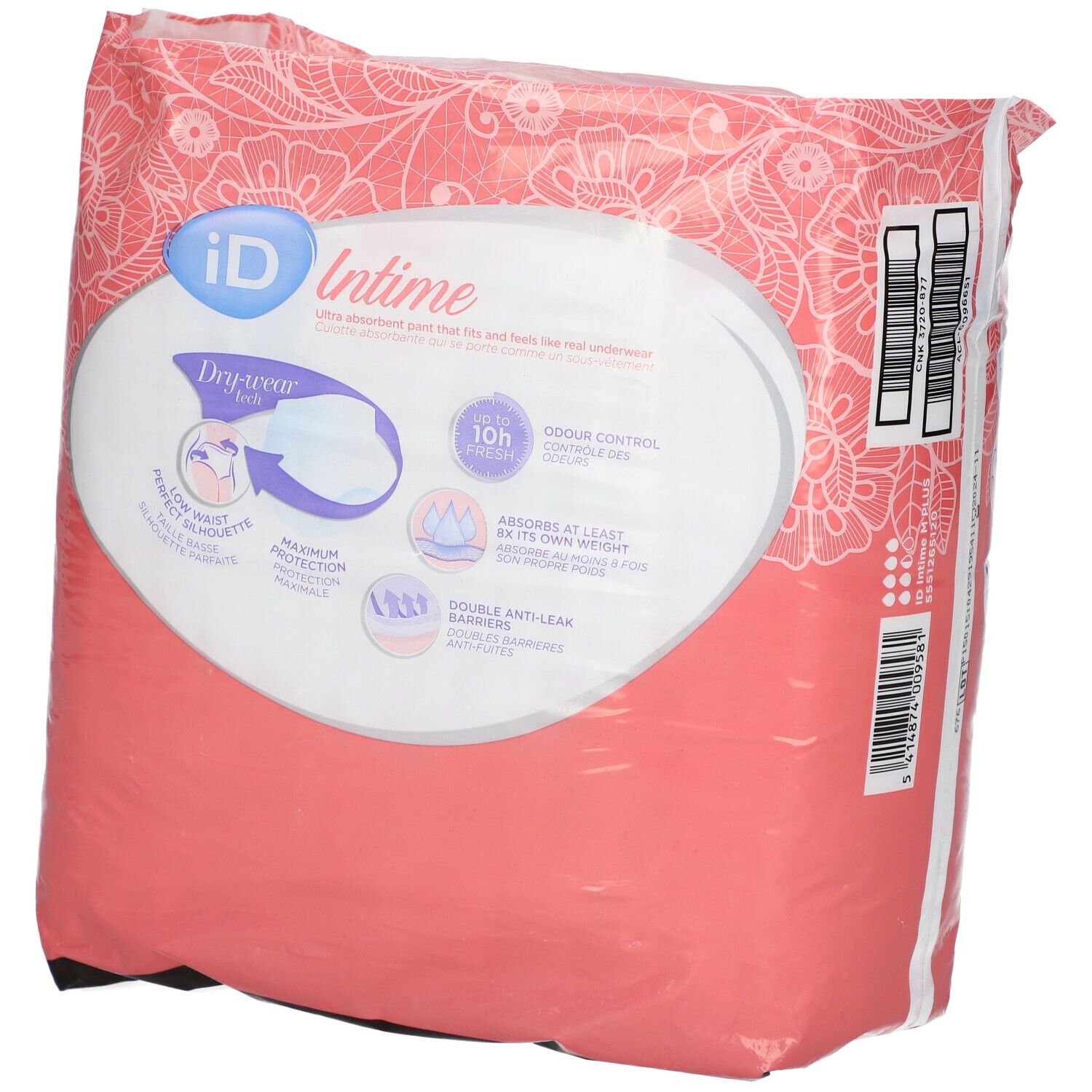 Verpakking iD Intime Pants Plus Grace Medium. Roze-witte verpakking met productafbeelding en tekst. Maat M, 12 stuks.