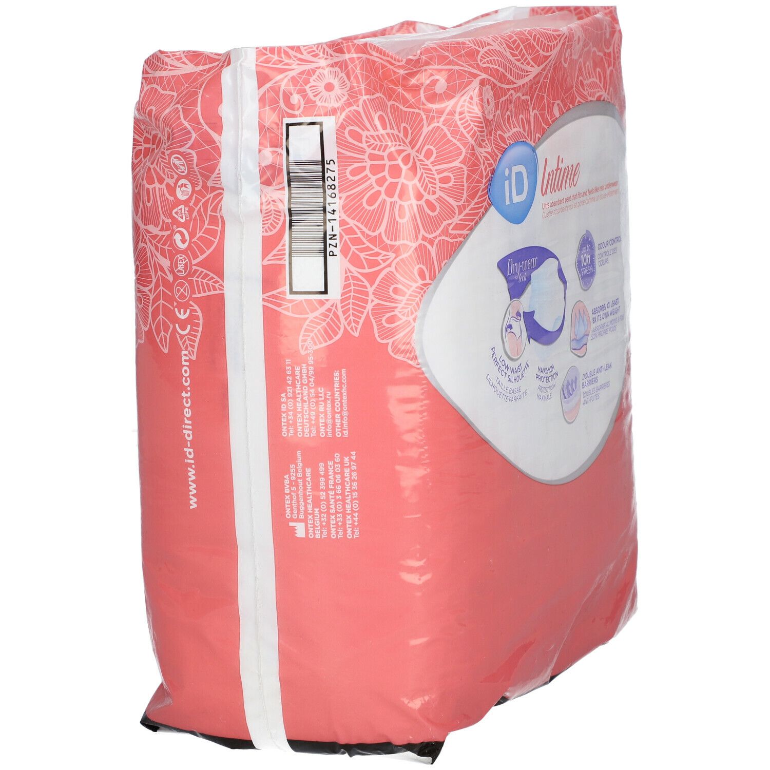 Achterkant van de verpakking iD Intime Pants Plus Grace Medium. Roze verpakking met productafbeeldingen en tekst. Maat M.