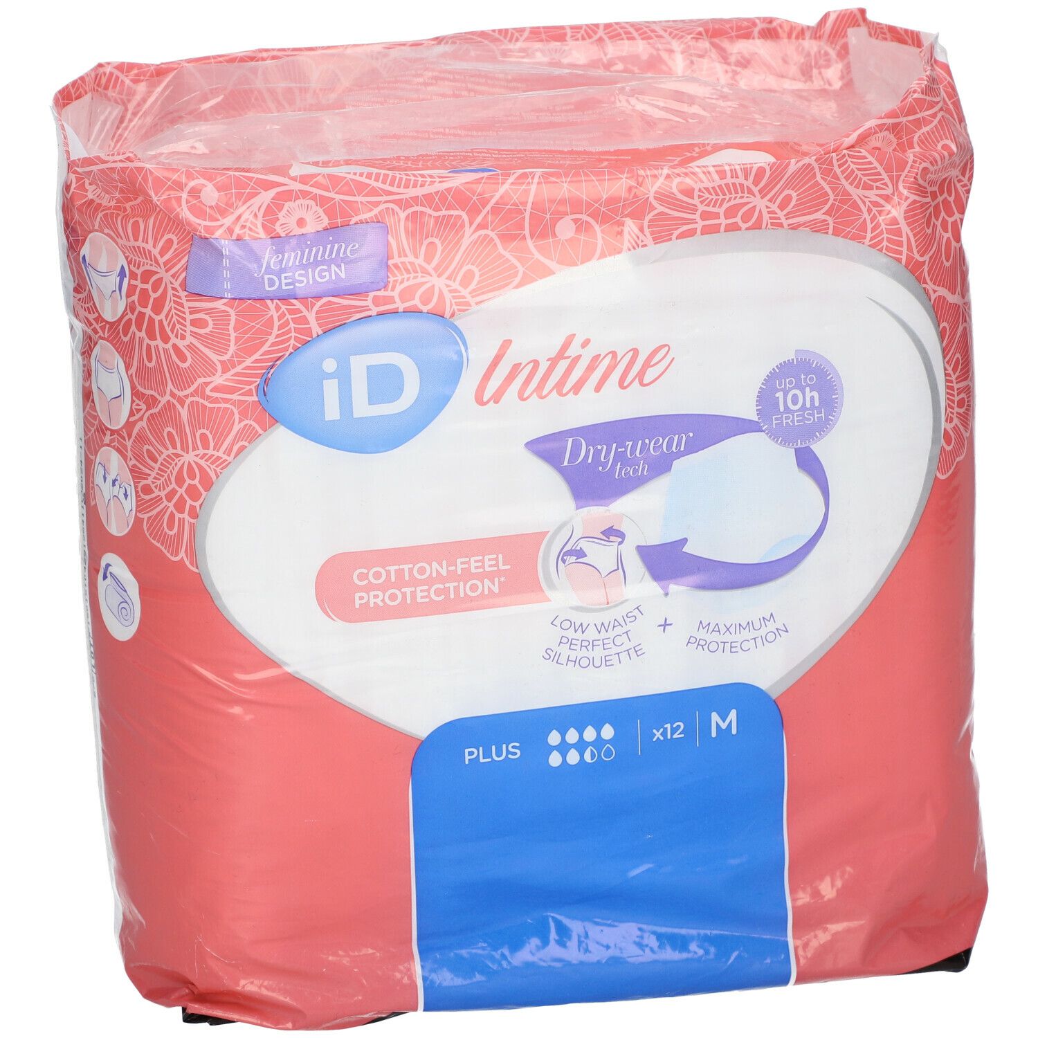 Verpakking iD Intime Pants Plus Grace Medium. Roze-witte verpakking met productafbeelding en tekst. Maat M, 12 stuks.