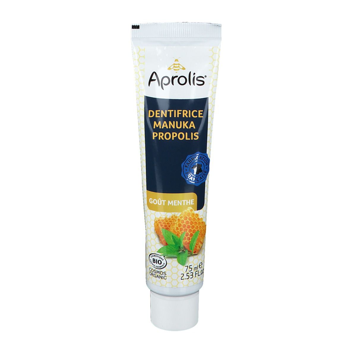 Tube de dentifrice Aprolis, Dentifrice Manuka Propolis, goût menthe. Ingrédients bio. Contenance 75 ml.