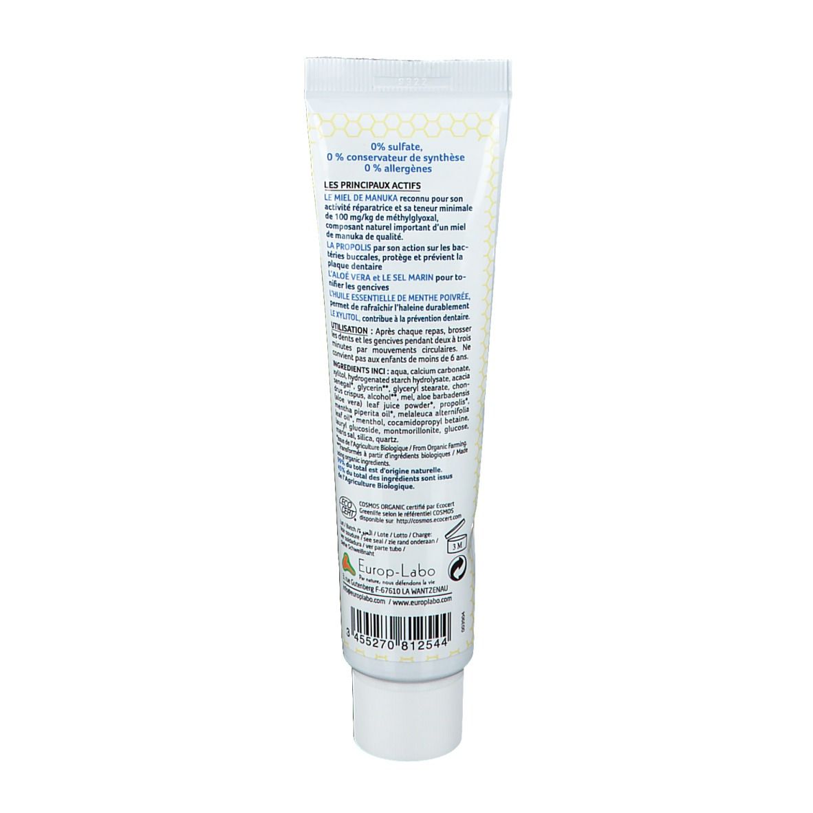 Dos de tube de dentifrice. Texte: 0% sulfates, 0% conservateurs synthétiques, 0% allergènes. Ingrédients.