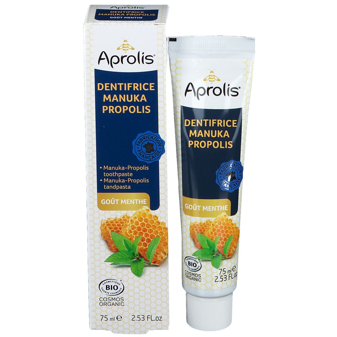 Tube et boîte de dentifrice Aprolis, Dentifrice Manuka Propolis, goût menthe. Ingrédients bio.